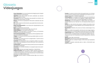 140
Videojuegos
141
Glosario
Videojuegos
Acoso Cibernético: El uso herramientas tecnológicas para molestar
deliberadamente a otra persona.
Algoritmo: Crear paso a paso, de forma ordenada una solución
para un problema o tarea.
Aritmética: Parte de la matemática que estudia los números y las
operaciones que se hacen con ellos.
Binario: Una forma de representar información utilizando solo dos
opciones.
Bit: Unidad mínima de información, que puede tener solo dos valo-
res (cero o uno).
Bloque de programación: Es una instrucción representada en una
imagen (bloque).
Byte: Una agrupación de ocho bits.
Ciclo o Bucle: La acción de hacer algo una y otra vez.
Ciclos anidados: Un ciclo dentro de otro ciclo
Ciclos For: Ciclos que tienen un comienzo, un final y un incremento
predeterminado (intervalo de avance).
Ciclo mientras (do while): Un ciclo que se continúa repitiendo mien-
tras una condición es verdadera
Código: Es el conjunto de instrucciones que debe realizar una com-
putadora o robot.
Comando: Es la instrucción que un programador / usuario le da a
una computadora o robot.
Condición: Una declaración que un programa verifica si es verda-
dera o falsa. Si es verdadera, se toma una acción. De lo contrario, la
acción se ignora.
Condicionales: Declaraciones (instrucciones) que solo se ejecutan
bajo ciertas condiciones.
Constante: Una variable utilizada en un programa que nunca cam-
bia de valor.
CTIM / STEM: Ciencias, tecnología, ingeniería y matemáticas.
Diagrama de flujo: Indica los pasos a seguir, siempre comienza en
un determinado punto, y termina en uno o varios; el objetivo es, ir
contestando preguntas que nos irán llevando por el recorrido hasta
terminar en un determinado punto.
Frustrado: Sentirte molesto o enojado porque algo no es como tú
quieres.
Función: Un grupo de instrucciones de programación con nombre.
Las funciones son abstracciones reutilizables que reducen la com-
plejidad de escribir y mantener programas.
Interfaz gráfica: Es un programa informático que actúa de interfaz de
usuario, utilizando un conjunto de imágenes y objetos gráficos para
representar la información y acciones disponibles en la interfaz.
Paridad par: Un bit de paridad es un dígito binario que indica si el
número de bits con un valor de 1 en un conjunto de bits es par o
impar.
Patrón: Es un tipo de tema de sucesos u objetos recurrentes, como
por ejemplo grecas, a veces referidos como ornamentos de un con-
junto de objetos.
Persistencia: Intentarlo una y otra vez, incluso cuando algo es muy
difícil.
Pixel: Es la unidad más pequeña y diminuta de una imagen digital y
está presente en un inmensurable número para formar una imagen.
Programación: Idear y ordenar acciones que se ejecutan para rea-
lizar una tarea. La programación se encarga de codificar esas ac-
ciones para que una computadora pueda interpretarlas y llevarlas
a cabo.
Repetir: Hacer algo nuevamente.
Secuencia: Serie de instrucciones de programación.
Sprites: Pueden ser cualquier imagen o información que representa
una imagen.
Variable: Un espacio reservado para un dato o información que
puede cambiar
 