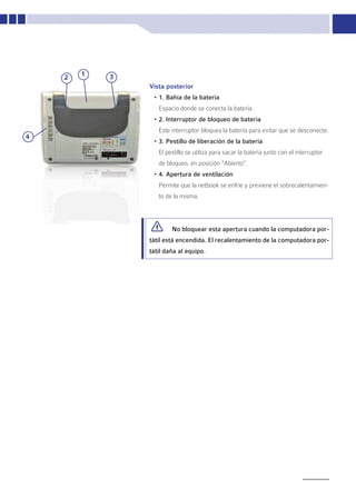 2   1   3
                Vista posterior
                 •	1. Bahía de la batería
                   Espacio donde se conecta la batería.
                 •	2. Interruptor de bloqueo de batería
                   Este interruptor bloquea la batería para evitar que se desconecte.
4
                 •	3. Pestillo de liberación de la batería
                   El pestillo se utiliza para sacar la batería junto con el interruptor
                   de bloqueo, en posición “Abierto”.
                 •	4. Apertura de ventilación
                   Permite que la netbook se enfríe y previene el sobrecalentamien-
                   to de la misma.



                        No bloquear esta apertura cuando la computadora por-
                tátil está encendida. El recalentamiento de la computadora por-
                tátil daña al equipo.




                                                                                           9
 