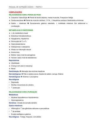 MANUAL DE NUTRIÇÃO CLÍNICA – PARTE II


COMPLICAÇÕES
RELACIONADAS COM A PERDA DE PESO
    Caquexia / desnutrição  Perda de tecido adiposo, massa muscular, Fraqueza e fadiga
    Cardiovasculares  Perda de músculo cardíaco,  P.A.,  frequência cardíaca, Bradicardia e Arritmias
    Gastro – intestinais  Esvaziamento gástrico retardado,  motilidade intestinal, Dor abdominal e
    constipação

METABÓLICAS E ENDÓCRINAS
     do metabolismo basal
    Distúrbios hidroelectrolíticos
    Hipoglicemia, Hipotermia
    Diminuição de T3 e T4
    Hipercolesterolemia
    Osteoporose e osteopenia
    Atraso na maturação sexual
    Amenorreia
    Mulher: baixo nível de estrogénios
    Homem: baixo nível de testosterona
Reprodutivas
    Infertilidade
    Criança com peso à nascença
    Renal
Desidratação  Alteração das enzimas hepáticas
Dermatológicas  Pele e cabelos secos, Queda de cabelo, Lanugo, Edema
Hematológicas  Anemia e Leucopenia
Neurológicas
•   Depressão
•   Atrofias irreversíveis do cérebro
•    ventricular

RELACIONADAS COM A PURGAÇÃO
Metabólicas
•   Alcalose hipocalémica e hipoclorémica
•   Hipomagnesémia
Dentárias - Erosão de esmalte dentário
Gastro-intestinais
•   Inflamação e  das glândulas salivares e pancreáticas
•    da amilase
•   Erosão esofágica e gástrica
Neurológicas - Fadiga, fraqueza, convulsões
 