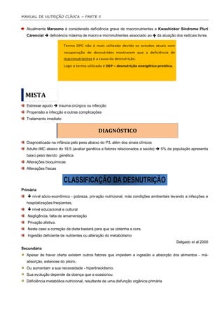 MANUAL DE NUTRIÇÃO CLÍNICA – PARTE II


  Atualmente Marasmo é considerado deficiência grave de macronutrientes e Kwashiokor Síndrome Pluri
  Carencial  deficiência máxima de macro e micronutrientes associado ao  da atuação dos radicais livres.




  Estresse agudo  trauma cirúrgico ou infecção
  Propensão a infecção e outras complicações
  Tratamento imediato




  Diagnosticada na infância pelo peso abaixo do P3, além dos sinais clínicos
  Adulto IMC abaixo do 18,5 (avaliar genética e fatores relacionados a saúde)  5% da população apresenta
  baixo peso devido genética.
  Alterações bioquímicas
  Alterações físicas




Primária
    nível sócio-econômico - pobreza, privação nutricional, más condições ambientais levando a infecções e
  hospitalizações freqüentes,
    nível educacional e cultural
   Negligência, falta de amamentação
   Privação afetiva.
   Neste caso a correção da dieta bastará para que se obtenha a cura.
   Ingestão deficiente de nutrientes ou alteração do metabolismo
                                                                                        Delgado et al 2000
Secundária
  Apesar de haver oferta existem outros fatores que impedem a ingestão e absorção dos alimentos - má-
  absorção, estenose do piloro,
  Ou aumentam a sua necessidade - hipertireoidismo.
  Sua evolução depende da doença que a ocasionou.
  Deficiência metabólica nutricional, resultante de uma disfunção orgânica primária
 