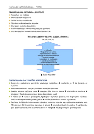 MANUAL DE NUTRIÇÃO CLÍNICA – PARTE II


RELACIONADOS À ESTRUTURA HOSPITALAR
  Peso/altura não medidos;
  Alta rotatividade de pessoal;
  Divisão de responsabilidades;
  Não observação da ingestão alimentar;
  Cirurgia em pacientes desnutridos;
  Ausência de terapia nutricional no pré e pós-operatório;
  Não percepção do aumento das necessidades calóricas.


                          IMPACTO DA DESNUTRIÇÃO NA EVOLUÇÃO CLÍNICA
                                              DESNUTRIÇÃO




                                             Custo Hospitalar


FISIOPATOLOGIA E ALTERAÇÕES ADAPTATIVAS
  Desenvolve gradualmente permitindo adaptações metabólicas  resultando na  da demanda de
  nutrientes
  Resposta metabólica à inanição consiste em alterações hormonais
  Ingestão alimentar deficiente causa  glicemia e AAs livres no plasma  a secreção de insulina e 
  glucagon  fígado deixa de remover glicose da circulação portal
  À medida que  níveis de glicose portal, fígado passa a produzir glicose a partir do glicogênio hepático e
  muscular e dos precursores gliconeogênicos  lactato, glicerol e AAs (alanina e glutamina)
  Depósitos de CHO são limitados assim glicogênio hepático e muscular são rapidamente depletados após
  15hs de jejum Cérebro continua a precisar de glicose  principal combustível oxidativo  suprida então
  pela gliconeogênese durante os primeiros 3 dias de inanição 90g de glicose pela gliconeogênese
 