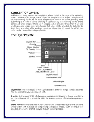 4
CONCEPT OF LAYERS
In Photoshop every element on the page is a layer. Imagine the page to be a drawing
sheet. Then every text, image, line or shape that you place on it is a layer. Going in terms
of programming, for OOPs we have everything in form of an object, similarly, here
everything is in form of layers. Working in layers is easy than working on the entire
content at once. Imagine there are 4 images and all are joined together. If we are
working on one image, there are chances that other will be affected. So its better to
keep them seperated while working. Layers are placed one on top of the other, this
order can be changed in the Layers Palette.
The Layer Palette
Layer Filter: This enables you to hide layers based on different things. Makes it easier to
find the layers that you want to work with.
Opacity: 0= transparent 100 = fully opaque. press number keys on keyboard to instantly
set to multiples of 10, or adjust the slider for an exact amount of transparency on each
layer.
Blend Modes: Change these to change the way that the selected layer blends with the
layers underneath it. Great for compositing and special effects. (With the move tool
selected, press Shift+ or Shift- to cycle through blending modes.
4
CONCEPT OF LAYERS
In Photoshop every element on the page is a layer. Imagine the page to be a drawing
sheet. Then every text, image, line or shape that you place on it is a layer. Going in terms
of programming, for OOPs we have everything in form of an object, similarly, here
everything is in form of layers. Working in layers is easy than working on the entire
content at once. Imagine there are 4 images and all are joined together. If we are
working on one image, there are chances that other will be affected. So its better to
keep them seperated while working. Layers are placed one on top of the other, this
order can be changed in the Layers Palette.
The Layer Palette
Layer Filter: This enables you to hide layers based on different things. Makes it easier to
find the layers that you want to work with.
Opacity: 0= transparent 100 = fully opaque. press number keys on keyboard to instantly
set to multiples of 10, or adjust the slider for an exact amount of transparency on each
layer.
Blend Modes: Change these to change the way that the selected layer blends with the
layers underneath it. Great for compositing and special effects. (With the move tool
selected, press Shift+ or Shift- to cycle through blending modes.
4
CONCEPT OF LAYERS
In Photoshop every element on the page is a layer. Imagine the page to be a drawing
sheet. Then every text, image, line or shape that you place on it is a layer. Going in terms
of programming, for OOPs we have everything in form of an object, similarly, here
everything is in form of layers. Working in layers is easy than working on the entire
content at once. Imagine there are 4 images and all are joined together. If we are
working on one image, there are chances that other will be affected. So its better to
keep them seperated while working. Layers are placed one on top of the other, this
order can be changed in the Layers Palette.
The Layer Palette
Layer Filter: This enables you to hide layers based on different things. Makes it easier to
find the layers that you want to work with.
Opacity: 0= transparent 100 = fully opaque. press number keys on keyboard to instantly
set to multiples of 10, or adjust the slider for an exact amount of transparency on each
layer.
Blend Modes: Change these to change the way that the selected layer blends with the
layers underneath it. Great for compositing and special effects. (With the move tool
selected, press Shift+ or Shift- to cycle through blending modes.
 