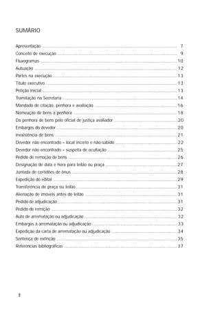 2
Manual de Execução por Quantia Certa contra Devedor Solvente
SUMÁRIO
Apresentação ....................................................................................................... 7
Conceito de execução ........................................................................................... 9
Fluxogramas ........................................................................................................10
Autuação .............................................................................................................12
Partes na execução ...............................................................................................13
Título executivo ....................................................................................................13
Petição inicial .......................................................................................................13
Tramitação na Secretaria .......................................................................................14
Mandado de citação, penhora e avaliação ...............................................................16
Nomeação de bens à penhora ...............................................................................18
Da penhora de bens pelo oficial de justiça avaliador ................................................20
Embargos do devedor ............................................................................................20
Inexistência de bens .............................................................................................21
Devedor não encontrado – local incerto e não-sabido ...............................................22
Devedor não encontrado – suspeita de ocultação .....................................................25
Pedido de remoção de bens ...................................................................................26
Designação de data e hora para leilão ou praça.......................................................27
Juntada de certidões de ônus ................................................................................28
Expedição do edital ...............................................................................................29
Transferência de praça ou leilão .............................................................................31
Alienação de imóveis antes do leilão ......................................................................31
Pedido de adjudicação ...........................................................................................31
Pedido de remição ................................................................................................32
Auto de arrematação ou adjudicação.......................................................................32
Embargos à arrematação ou adjudicação .................................................................33
Expedição da carta de arrematação ou adjudicação ..................................................34
Sentença de extinção ............................................................................................35
Referências bibliográficas ......................................................................................37
 