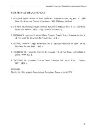 31
Manual de Execução por Quantia Certa contra Devedor Solvente
REFERÊNCIAS BIBLIOGRÁFICAS
1. ACADEMIA BRASILEIRA DE LETRAS JURÍDICAS. Dicionário Jurídico, org. por J.M. Othon
Sidou. Rio de Janeiro: Forense Universitária, 1990. (Biblioteca Jurídica).
2. FÜHRER, Maximilianus Cláudio Américo. Resumo de Processo Civil. 7. ed. São Paulo:
Revista dos Tribunais, 1990. 158 p. (Coleção Resumos; 4).
3. MAGALHÃES, Humberto Piragibe & Malta, Cristovão Piragibe Tostes. Dicionário Jurídico 4.
ed. Fev. ampl. Rio de Janeiro: Ed. Trabalhistas, s.d. 2 v.
4. NEGRÃO, Theotonio. Código de Processo Civil e Legislação Processual em Vigor 30. ed.
São Paulo: Saraiva, 1999. 1933 p.
5. THEODODO JR., Humberto. Processo de Execução. 13. ed. São Paulo: Universitária de
Direito, 1989. 533 p.
6. THEODODO JR., Humberto. Curso de Direito Processual Civil, Vol. II. 7. ed., Forense,
1991. 1452 p.
Editoração
Divisão de Editoração da Secretaria de Pesquisa e Documentação/CEJ
 