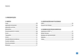 2
1. APRESENTAÇÃO
2. MARCA
Logo									 04
Aplicação horizontal						 05
Aplicação vertical							 06
Elementos								 07
Posicionamento e versão						 08
Ícone									 09
Tipografia								 10
Cores									 12
Versões Monocromáticas					 13
Fundos variáveis							 15
Área de proteção							 16
Redução								 17
3. ASSOCIAÇÕES INSTITUCIONAIS
UERJ									 18
Governo do Estado						 19
4. EXEMPLOS DE PEÇAS GRÁFICAS
Impressos e PDF´s						 21
Redes Sociais							 22
Modelos de Apresentação					 23
Website								 24
Vídeo									 25
ÍNDICE
 