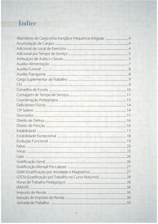 Índice
Abandono de Cargo e/ou Função e Frequência Irregular ...................................4
Acumulação de Cargos ........................................................................................................ 4
Adicional de Local de Exercício ....................................................................................... 4
Adicional por Tempo de Serviço ..................................................................................... 5
Atribuição de Aulas e Classes ............................................................................................ 5
Auxílio-Alimentação ............................................................................................................... 7
Auxílio-Funeral ........................................................................................................................... 8
Auxílio-Transporte .................................................................................................................... 8
Carga Suplementar de Trabalho ..................................................................................... 9
CEL ..................................................................................................................................................... 9
Conselho de Escola .............................................................................................................. 10
Contagem de Tempo de Serviço ................................................................................. 11
Coordenação Pedagógica ............................................................................................... 13
Deﬁcientes Físicos ................................................................................................................. 14
13º Salário .................................................................................................................................. 14
Descontos .................................................................................................................................. 15
Direito de Defesa ................................................................................................................... 16
Direito de Petição .................................................................................................................. 16
Estabilidade ............................................................................................................................... 17
Estabilidade Excepcional .................................................................................................. 18
Evolução Funcional .............................................................................................................. 19
Faltas .............................................................................................................................................. 23
Férias ............................................................................................................................................. 25
Gala ................................................................................................................................................ 26
Gratiﬁcação Geral .................................................................................................................. 26
Gratiﬁcação Mensal Pró-Labore ................................................................................... 27
GAM (Gratiﬁcação por Atividade e Magistério) .................................................. 27
GTCN (Gratiﬁcação por Trabalho no Curso Noturno) ..................................... 28
Horas de Trabalho Pedagógico .................................................................................... 28
IAMSPE ......................................................................................................................................... 28
Imposto de Renda ................................................................................................................ 30
Isenção de Imposto de Renda ...................................................................................... 30
Jornada de Trabalho ............................................................................................................ 33

                                                                                2      2
 