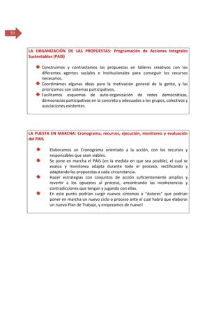 10

LA ORGANIZACIÓN DE LAS PROPUESTAS: Programación de Acciones Integrales
Sustentables (PAIS)
Construimos y contrastamos las propuestas en talleres creativos con los
diferentes agentes sociales e institucionales para conseguir los recursos
necesarios.
Coordinamos algunas ideas para la motivación general de la gente, y las
priorizamos con sistemas participativos.
Facilitamos esquemas de auto-organización de redes democráticas,
democracias participativas en lo concreto y adecuadas a los grupos, colectivos y
asociaciones existentes.

LA PUESTA EN MARCHA: Cronograma, recursos, ejecución, monitoreo y evaluación
del PAIS
Elaboramos un Cronograma orientado a la acción, con los recursos y
responsables que sean viables.
Se pone en marcha el PAIS (en la medida en que sea posible), el cual se
evalúa y monitorea adapta durante todo el proceso, rectificando y
adaptando las propuestas a cada circunstancia.
Hacer estrategias con conjuntos de acción suficientemente amplios y
revertir a los opuestos al proceso, encontrando las incoherencias y
contradicciones que tengan y jugando con ellas.
En este punto podrían surgir nuevos síntomas o “dolores” que podrían
poner en marcha un nuevo ciclo o proceso ante el cual habrá que elaborar
un nuevo Plan de Trabajo, y empezamos de nuevo!

 