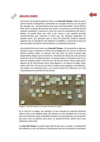 .

LÍNEA DEL TIEMPO
Una buena herramienta puede ser hacer una Línea del Tiempo, sobre la cual la
gente reunida va dibujando o escribiendo en un papel continuo, en una pared
por ejemplo, los acontecimientos que creen más destacables de los últimos
años. Entre un grupo de personas que inician un proceso es una forma de que
vayamos ayudando a reconstruir como han visto los precedentes del tema a
debate. Se puede hacer por años o por meses, o por aquellos grandes
acontecimientos que marcaron el tema que nos hayamos propuesto. Se
pueden poner, por ejemplo, bajo la línea del desarrollo histórico aquellos
aspectos que se consideren más objetivos y medibles, y encima de la línea los
que se puedan considerar más de opinión, o con distintas versiones.
Hay muchas formas de hacer una Línea del Tiempo, y la innovación es algo que
ayudará a que el colectivo se sienta más protagonista. Por eso no se trata de
hacerla perfecta según un manual, sino más bien tal como la gente vaya
proponiendo. Seguro que la inventiva o iniciativas de dibujo de unas personas
estimula a otras. Es importante que se recojan todas las versiones y que no se
entre en disputas sobre si esto fue así o de tal otra forma. Vale la pena poner
algunas de las afirmaciones entre interrogantes, a la espera de poder saber
mejor cómo fue. Tal vez sea uno de los motivos para preguntar a la población,
que desde ese momento pasa a ser nuestro punto de referencia, con más
autoridad que los reunidos en esa ocasión.

Imagen 1. Línea del tiempo en una sesión formativa en Madrid

En el caso de la imagen, por ejemplo, se han colocado los aspectos positivos
sobre la línea y los negativos bajo ella. Además, se han señalado con un círculo
rojo tres momentos cuyos analizadores dividen a los participantes, pues mientras
que para unos es positivo, para otros no (posteriormente, podrá servir para
reflexionar sobre ello).
La Línea del Tiempo se puede dejar abierta para que se pueda ir completando
más adelante, o con más datos o informaciones que no se conocían en la primera

15

 