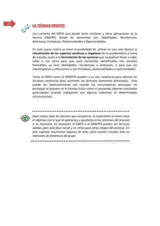 22

LA TÉCNICA DRAFPO
Una variante del DAFO que puede tener similares y otras aplicaciones es la
técnica DRAFPO, donde los elementos son: Debilidades, Resistencias,
Amenazas, Fortalezas, Potencialidades y Oportunidades.
En esta nueva matriz se tiene la posibilidad de utilizar en una sola técnica la
visualización de los aspectos positivos y negativos de la problemática o tema
de estudio, junto a la formulación de las acciones que se podrían llevar a cabo,
solos o con otros para que esos elementos identificados nos resulten
favorables, ya sean debilidades, resistencias o amenazas, o para que los
mantengamos y reforcemos si son fortalezas, potencialidades u oportunidades.
Tanto el DAFO como el DRAFPO pueden a su vez, ampliarse para abarcar las
acciones necesarias para acometer los distintos elementos detectados. Esto
puede ser particularmente útil cuando las circunstancias aconsejan no
prolongar el proceso en el tiempo (ciclo corto) si queremos obtener resultados
participados (cuando trabajamos con algunos colectivos en determinadas
circunstancias).

Sean cuales sean las técnicas que escojamos, lo importante es tener claro
el objetivo con el que la aplicamos y ajustarlas a los intereses del proceso
si es necesario. En ocasiones el DAFO o el DRAFPO pueden ser técnicas
válidas para esta fase inicial y en otras para otras etapas del proceso. En
este capítulo resumimos algunas de ellas, pero existen muchas más en
manuales de dinámicas de grupo.

 