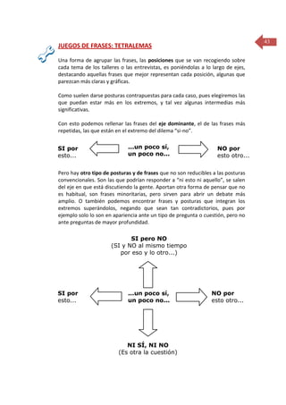 43

JUEGOS DE FRASES: TETRALEMAS
Una forma de agrupar las frases, las posiciones que se van recogiendo sobre
cada tema de los talleres o las entrevistas, es poniéndolas a lo largo de ejes,
destacando aquellas frases que mejor representan cada posición, algunas que
parezcan más claras y gráficas.
Como suelen darse posturas contrapuestas para cada caso, pues elegiremos las
que puedan estar más en los extremos, y tal vez algunas intermedias más
significativas.
Con esto podemos rellenar las frases del eje dominante, el de las frases más
repetidas, las que están en el extremo del dilema “si-no”.
SI por
esto...

...un poco sí,
un poco no...

NO por
esto otro...

Pero hay otro tipo de posturas y de frases que no son reducibles a las posturas
convencionales. Son las que podrían responder a “ni esto ni aquello”, se salen
del eje en que está discutiendo la gente. Aportan otra forma de pensar que no
es habitual, son frases minoritarias, pero sirven para abrir un debate más
amplio. O también podemos encontrar frases y posturas que integran los
extremos superándolos, negando que sean tan contradictorios, pues por
ejemplo solo lo son en apariencia ante un tipo de pregunta o cuestión, pero no
ante preguntas de mayor profundidad.
SI pero NO
(SI y NO al mismo tiempo
por eso y lo otro...)

SI por
esto...

...un poco sí,
un poco no...

NI SÍ, NI NO
(Es otra la cuestión)

NO por
esto otro...

 