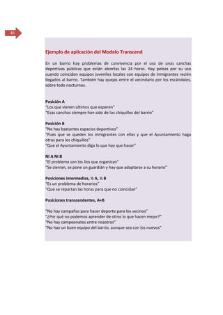 46

Ejemplo de aplicación del Modelo Transcend
En un barrio hay problemas de convivencia por el uso de unas canchas
deportivas públicas que están abiertas las 24 horas. Hay peleas por su uso
cuando coinciden equipos juveniles locales con equipos de inmigrantes recién
llegados al barrio. También hay quejas entre el vecindario por los escándalos,
sobre todo nocturnos.

Posición A
“Los que vienen últimos que esperen”
“Esas canchas siempre han sido de los chiquillos del barrio”
Posición B
“No hay bastantes espacios deportivos”
“Pues que se queden los inmigrantes con ellas y que el Ayuntamiento haga
otras para los chiquillos”
“Que el Ayuntamiento diga lo que hay que hacer”
NI A NI B
“El problema son los líos que organizan”
“Se cierran, se pone un guardián y hay que adaptarse a su horario”
Posiciones intermedias, ½ A, ½ B
“Es un problema de horarios”
“Que se repartan las horas para que no coincidan”
Posiciones transcendentes, A+B
“No hay campañas para hacer deporte para los vecinos”
“¿Por qué no podemos aprender de otros lo que hacen mejor?”
“No hay campeonatos entre nosotros”
“No hay un buen equipo del barrio, aunque sea con los nuevos”

 