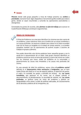 Tercero
Plenario donde cada grupo pequeño o mesa de trabajo presenta sus análisis y
prioridades. Conviene hacer algún dispositivo o herramienta gráfica visible para toda la
gente, donde se vayan resumiendo y sumando las aportaciones (coincidentes o
divergentes).
Constatados los puntos de acuerdo, cabe plantear un plan de trabajo para avanzar en
la planificación (PAIS) que constituye la siguiente fase.

ÁRBOL DE PROBLEMAS
El Árbol de Problemas nos sirve para identificar los síntomas que dan cuenta de
un problema, y para relacionar estos con el análisis de sus causas inmediatas y
sus causas profundas. Las posturas a debatir para colocar en el árbol se pueden
traer de las frases ya recogidas en el trabajo de campo anterior, y se pueden
completar también con las aportaciones de quienes acudan a sesiones de
trabajos en grupos y plenario.
Para poder desarrollar esta técnica podemos hacer pequeños grupos y con la
ayuda de la representación de un árbol. Cada grupo intentará identificar un
problema central (en torno al tema del proceso) y a partir del mismo ver cuáles
son los síntomas que hacen visible tal problema en la comunidad, y
posteriormente las causas más inmediatas y las causas más profundas del
mismo.
En este ejemplo de árbol de problemas, vemos cómo el problema central
definido es el desencuentro entre vecinos/as e inmigrantes, que se hace
visible (frutas del árbol) en el uso de espacios públicos, la aparición de guetos,
el ruido y la suciedad, las quejas y actitudes de rechazo, etc. Las causas
inmediatas, que aparecen en las ramas, son el choque cultural, el
desconocimiento, la desinformación, la necesidad de relación, etc. Las causas
profundas, se grafican como las raíces del problema y podrían ser
desigualdades entre países, la falta de políticas adecuadas, de reconocimiento
de los derechos y deberes de los inmigrantes, etc.

49

 