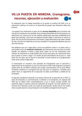 71

VII. LA PUESTA EN MARCHA. Cronograma,
recursos, ejecución y evaluación
Es importante que se trabaje pensando en la puesta en práctica del PAIS y en su
evaluación continua, así como en el desarrollo de grupos que dinamicen todo este
proceso.
Un aspecto muy importante es partir de los recursos disponibles para el proceso. No
solo de los económicos sino también de los tiempos disponibles de los funcionarios, los
voluntarios, etc. Hay que ser lo más realistas posible para que haya credibilidad de la
gente que participa, y para que los objetivos puedan llegar a alcanzarse al menos en
parte. No se trata de entusiasmarse al principio y luego defraudarse por haber soñado
de más, sino de irse implicando al ver que se pueden ir consiguiendo objetivos para los
que hay recursos.
Hay objetivos que son a largo plazo y otros que podemos colocar a un plazo corto, y
que pueden servir de medida de evaluación, para demostrar que el proceso va siendo
posible. Los objetivos a medio y largo plazo suelen ser los más importantes para
cambiar las situaciones en profundidad, pero los de corto plazo son importantes para
que la gente se anime a seguir. Los niveles de gran desconfianza de los que se suele
partir son tan altos, que es bueno no descuidar un buen balance en la programación
entre corto, medio y largo plazo.
A continuación se muestran unos ejemplos de Cronogramas para la ejecución y
seguimiento de los proyectos en que se concretan los PAIS. Cada programa o proyecto
puede partir de una Matriz reflexiva, pero acabar coordinándose con las otras Mesas
Temáticas mediante un cronograma de este tipo para no solaparse. Y también para
poder hacer un seguimiento de la ejecución en datos cuantitativos y calidad de los
resultados.
El segundo cronograma responde a las tareas comunes de la ejecución de un PAIS. La
toma de decisiones, la auto-formación, la difusión o la evaluación, son aspectos del
PAIS que se deben hacer coordinadamente y con la mayor sinergia posible. Así
podremos llegar a mejores cuotas de implicación de la gente. Tal como aparece en la
columna de la derecha, existe una escala de participación, donde solo en los niveles
altos se puede apreciar una participación con verdadero protagonismo de la gente.

 
