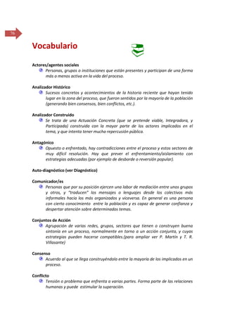 76

Vocabulario



Actores/agentes sociales
Personas, grupos o instituciones que están presentes y participan de una forma
más o menos activa en la vida del proceso.
Analizador Histórico
Sucesos concretos y acontecimientos de la historia reciente que hayan tenido
lugar en la zona del proceso, que fueron sentidos por la mayoría de la población
(generando bien consensos, bien conflictos, etc.).
Analizador Construido
Se trata de una Actuación Concreta (que se pretende viable, Integradora, y
Participada) construida con la mayor parte de los actores implicados en el
tema, y que intenta tener mucha repercusión pública.
Antagónico
Opuesto o enfrentado, hay contradicciones entre el proceso y estos sectores de
muy difícil resolución. Hay que prever el enfrentamiento/aislamiento con
estrategias adecuadas (por ejemplo de desborde o reversión popular).
Auto-diagnóstico (ver Diagnóstico)
Comunicador/es
Personas que por su posición ejercen una labor de mediación entre unos grupos
y otros, y “traducen” los mensajes o lenguajes desde los colectivos más
informales hacia los más organizados y viceversa. En general es una persona
con cierto conocimiento entre la población y es capaz de generar confianza y
despertar atención sobre determinados temas.
Conjuntos de Acción
Agrupación de varias redes, grupos, sectores que tienen o construyen buena
sintonía en un proceso, normalmente en torno a un acción conjunta, y cuyas
estrategias pueden hacerse compatibles.(para ampliar ver P. Martín y T. R.
Villasante)
Consenso
Acuerdo al que se llega construyéndolo entre la mayoría de los implicados en un
proceso.
Conflicto
Tensión o problema que enfrenta a varias partes. Forma parte de las relaciones
humanas y puede estimular la superación.

 