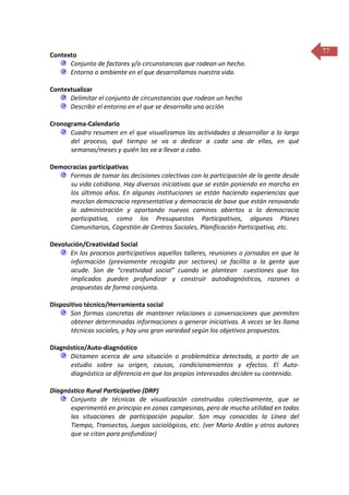 Contexto
Conjunto de factores y/o circunstancias que rodean un hecho.
Entorno o ambiente en el que desarrollamos nuestra vida.
Contextualizar
Delimitar el conjunto de circunstancias que rodean un hecho
Describir el entorno en el que se desarrolla una acción
Cronograma-Calendario
Cuadro resumen en el que visualizamos las actividades a desarrollar a lo largo
del proceso, qué tiempo se va a dedicar a cada una de ellas, en qué
semanas/meses y quién las va a llevar a cabo.
Democracias participativas
Formas de tomar las decisiones colectivas con la participación de la gente desde
su vida cotidiana. Hay diversas iniciativas que se están poniendo en marcha en
los últimos años. En algunas instituciones se están haciendo experiencias que
mezclan democracia representativa y democracia de base que están renovando
la administración y aportando nuevos caminos abiertos a la democracia
participativa, como los Presupuestos Participativos, algunos Planes
Comunitarios, Cogestión de Centros Sociales, Planificación Participativa, etc.
Devolución/Creatividad Social
En los procesos participativos aquellos talleres, reuniones o jornadas en que la
información (previamente recogida por sectores) se facilita a la gente que
acude. Son de “creatividad social” cuando se plantean cuestiones que los
implicados pueden profundizar y construir autodiagnósticos, razones o
propuestas de forma conjunta.
Dispositivo técnico/Herramienta social
Son formas concretas de mantener relaciones o conversaciones que permiten
obtener determinadas informaciones o generar iniciativas. A veces se les llama
técnicas sociales, y hay una gran variedad según los objetivos propuestos.
Diagnóstico/Auto-diagnóstico
Dictamen acerca de una situación o problemática detectada, a partir de un
estudio sobre su origen, causas, condicionamientos y efectos. El Autodiagnóstico se diferencia en que los propios interesados deciden su contenido.
Diagnóstico Rural Participativo (DRP)
Conjunto de técnicas de visualización construidas colectivamente, que se
experimentó en principio en zonas campesinas, pero de mucha utilidad en todas
las situaciones de participación popular. Son muy conocidas la Línea del
Tiempo, Transectos, Juegos sociológicos, etc. (ver Mario Ardón y otros autores
que se citan para profundizar)

77

 