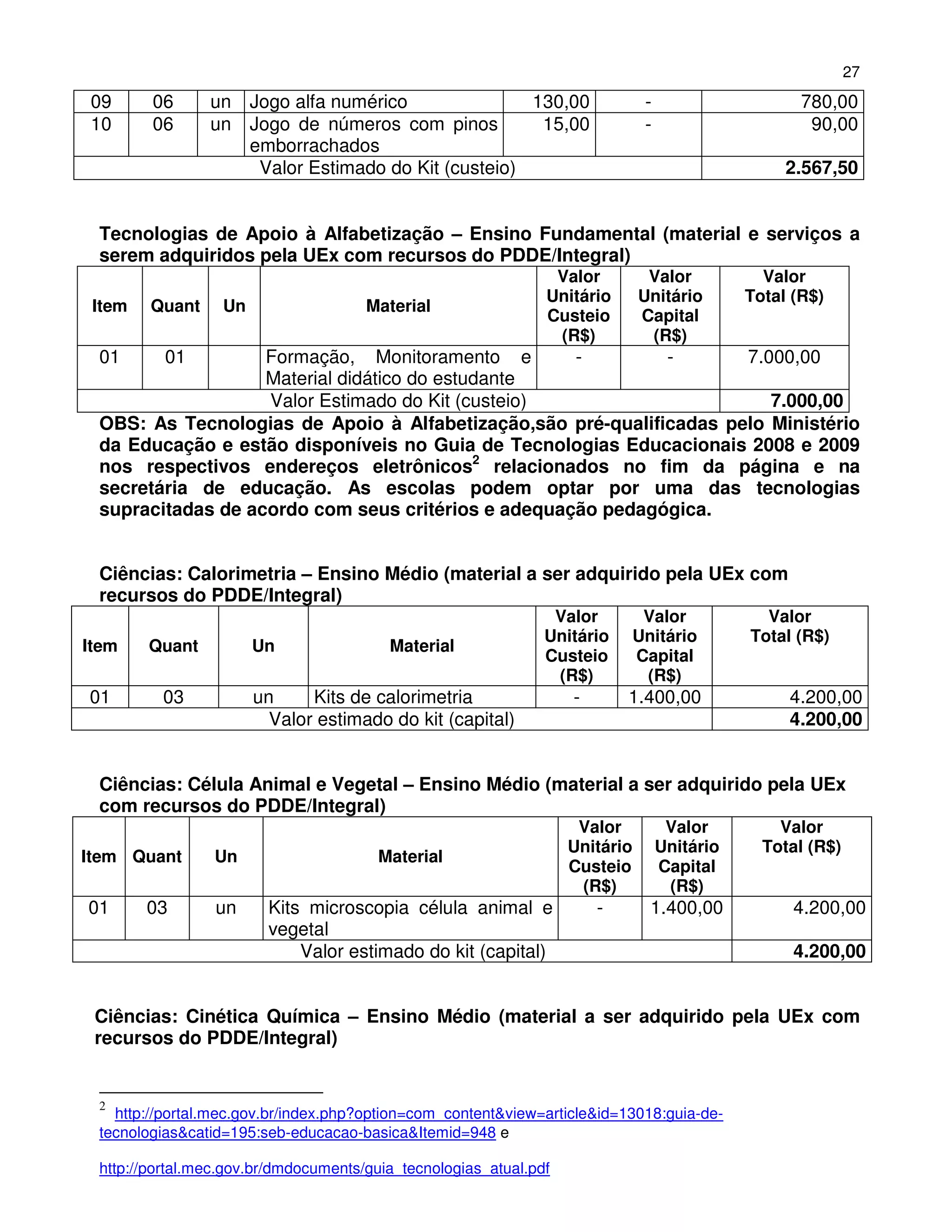 27
09      06      un Jogo alfa numérico               130,00                    -                     780,00
10      06      un Jogo de números com pinos         15,00                    -                      90,00
                   emborrachados
                    Valor Estimado do Kit (custeio)                                               2.567,50


 Tecnologias de Apoio à Alfabetização – Ensino Fundamental (material e serviços a
 serem adquiridos pela UEx com recursos do PDDE/Integral)
                                                                Valor          Valor           Valor
                                                               Unitário       Unitário       Total (R$)
 Item   Quant     Un                  Material
                                                               Custeio        Capital
                                                                (R$)           (R$)
 01       01       Formação, Monitoramento e        -        -       7.000,00
                   Material didático do estudante
                   Valor Estimado do Kit (custeio)                      7.000,00
 OBS: As Tecnologias de Apoio à Alfabetização,são pré-qualificadas pelo Ministério
 da Educação e estão disponíveis no Guia de Tecnologias Educacionais 2008 e 2009
 nos respectivos endereços eletrônicos2 relacionados no fim da página e na
 secretária de educação. As escolas podem optar por uma das tecnologias
 supracitadas de acordo com seus critérios e adequação pedagógica.


 Ciências: Calorimetria – Ensino Médio (material a ser adquirido pela UEx com
 recursos do PDDE/Integral)
                                                                Valor       Valor              Valor
                                                               Unitário    Unitário          Total (R$)
Item    Quant          Un                Material
                                                               Custeio     Capital
                                                                (R$)        (R$)
01       03            un     Kits de calorimetria                 -       1.400,00               4.200,00
                         Valor estimado do kit (capital)                                          4.200,00


 Ciências: Célula Animal e Vegetal – Ensino Médio (material a ser adquirido pela UEx
 com recursos do PDDE/Integral)
                                                                    Valor          Valor         Valor
                                                                   Unitário       Unitário     Total (R$)
Item Quant       Un                     Material
                                                                   Custeio        Capital
                                                                    (R$)           (R$)
01      03       un     Kits microscopia célula animal e               -       1.400,00            4.200,00
                        vegetal
                            Valor estimado do kit (capital)                                        4.200,00


 Ciências: Cinética Química – Ensino Médio (material a ser adquirido pela UEx com
 recursos do PDDE/Integral)


 2
   http://portal.mec.gov.br/index.php?option=com_content&view=article&id=13018:guia-de-
 tecnologias&catid=195:seb-educacao-basica&Itemid=948 e

 http://portal.mec.gov.br/dmdocuments/guia_tecnologias_atual.pdf
 