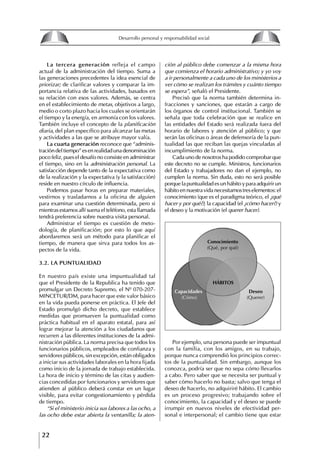 22
Desarrollo personal y responsabilidad social
La tercera generación refleja el campo
actual de la administración del tiempo. Suma a
las generaciones precedentes la idea esencial de
priorizar; de clarificar valores y comparar la im-
portancia relativa de las actividades, basados en
su relación con esos valores. Además, se centra
en el establecimiento de metas, objetivos a largo,
medio o corto plazo hacia los cuales se orientarán
el tiempo y la energía, en armonía con los valores.
También incluye el concepto de la planificación
diaria, del plan específico para alcanzar las metas
y actividades a las que se atribuye mayor valía.
La cuarta generación reconoce que “adminis-
tracióndeltiempo”esenrealidadunadenominación
poco feliz, pues el desafío no consiste en administrar
el tiempo, sino en la administración personal. La
satisfacción depende tanto de la expectativa como
de la realización y la expectativa (y la satisfacción)
reside en nuestro círculo de influencia.
Podemos pasar horas en preparar materiales,
vestirnos y trasladarnos a la oficina de alguien
para examinar una cuestión determinada, pero si
mientras estamos allí suena el teléfono, esta llamada
tendrá preferencia sobre nuestra visita personal.
Administrar el tiempo es cuestión de meto-
dología, de planificación; por esto lo que aquí
abordaremos será un método para planificar el
tiempo, de manera que sirva para todos los as-
pectos de la vida.
3.2. LA PUNtUALIDAD
En nuestro país existe una impuntualidad tal
que el Presidente de la Republica ha tenido que
promulgar un Decreto Supremo, el Nº 070-207-
MINCETUR/DM, para hacer que este valor básico
en la vida pueda ponerse en práctica. El Jefe del
Estado promulgó dicho decreto, que establece
medidas que promueven la puntualidad como
práctica habitual en el aparato estatal, para así
lograr mejorar la atención a los ciudadanos que
recurren a las diferentes instituciones de la admi-
nistración pública. La norma precisa que todos los
funcionarios públicos, empleados de confianza y
servidores públicos, sin excepción, están obligados
a iniciar sus actividades laborales en la hora fijada
como inicio de la jornada de trabajo establecida.
La hora de inicio y término de las citas y audien-
cias concedidas por funcionarios y servidores que
atienden al público deberá constar en un lugar
visible, para evitar congestionamiento y pérdida
de tiempo.
“Si el ministerio inicia sus labores a las ocho, a
las ocho debe estar abierta la ventanilla; la aten-
ción al público debe comenzar a la misma hora
que comienza el horario administrativo; y yo voy
a ir personalmente a cada uno de los ministerios a
ver cómo se realizan los trámites y cuánto tiempo
se espera”, señaló el Presidente.
Precisó que la norma también determina in-
fracciones y sanciones, que estarán a cargo de
los órganos de control institucional. También se
señala que toda celebración que se realice en
las entidades del Estado será realizada fuera del
horario de labores y atención al público; y que
serán las oficinas o áreas de defensoría de la pun-
tualidad las que reciban las quejas vinculadas al
incumplimiento de la norma.
Cada uno de nosotros ha podido comprobar que
este decreto no se cumple. Ministros, funcionarios
del Estado y trabajadores no dan el ejemplo, no
cumplen la norma. Sin duda, esto no será posible
porque la puntualidad es un hábito y para adquirir un
hábito en nuestra vida necesitamos tres elementos: el
conocimiento (que es el paradigma teórico, el ¿qué
hacer y por qué?); la capacidad (el ¿cómo hacer?) y
el deseo y la motivación (el querer hacer).
Por ejemplo, una persona puede ser impuntual
con la familia, con los amigos, en su trabajo,
porque nunca comprendió los principios correc-
tos de la puntualidad. Sin embargo, aunque los
conozca, podría ser que no sepa cómo llevarlos
a cabo. Pero saber que se necesita ser puntual y
saber cómo hacerlo no basta; salvo que tenga el
deseo de hacerlo, no adquiriré hábito. El cambio
es un proceso progresivo; trabajando sobre el
conocimiento, la capacidad y el deseo se puede
irrumpir en nuevos niveles de efectividad per-
sonal e interpersonal; el cambio tiene que estar
HÁBIToS
Capacidades
(Cómo)
Conocimiento
(Qué, por qué)
Deseo
(Querer)
8
Desarrollo personal y responsabilidad social
1.2. LA PIRáMIDE DE NECESIDADES
hUMANAS
Abraham Maslow presentó una forma muy sencilla
de concebir las necesidades de una persona. El
esquema o pirámide de “Jerarquía de las necesi-
dades”, las ordena desde los niveles más bajos y
básicos, hasta los más altos.
Dentro de su teoría de la personalidad, Maslow
plantea el concepto de jerarquía de las necesida-
des, según el cual estas se encuentran organizadas
estructuralmente con distintos grados de poder,
de acuerdo con una determinación biológica
dada por nuestra constitución genética como or-
ganismos de la especie humana. La jerarquía está
organizada de tal forma que las necesidades de
déficit se encuentran en las partes más bajas, mien-
tras que las necesidades de desarrollo se ubican
en las más altas. De este modo, al ordenarlas por
su potencia y prioridad, encontramos en primer
lugar a las necesidades de déficit o fisiológicas.
Siguen las necesidades de seguridad, las de amor
y pertenencia, las de estima, las de desarrollo o
de autorrealización y las de trascendencia. Dentro
de esta estructura, si las necesidades de un nivel
son satisfechas, no se produce un estado de apatía
sino que el foco de atención pasa a ser ocupado
por las necesidades del próximo nivel –que se
encuentran en el lugar inmediatamente más alto
de la jerarquía– y se busca satisfacerlas.
La teoría de Maslow plantea que las necesi-
dades inferiores son prioritarias y, por lo tanto,
más potentes que las necesidades superiores de
la jerarquía. Por ello, “un hombre hambriento no
se preocupa por impresionar a sus amigos con su
valor y habilidades, sino, más bien, por asegu-
rarse lo suficiente para comer” (Di Caprio 1989:
364). Sólo cuando la persona logra satisfacer las
necesidades inferiores –aunque lo haga de modo
relativo–, entran gradualmente en su conocimiento
las necesidades superiores y con ello la motivación
para poder satisfacerlas; a medida que la tendencia
positiva adquiere más importancia, se experimenta
un grado mayor de salud sicológica y un movi-
miento hacia la plena humanización.
1.2.1. NECESIDADES fISIOLógICAS
El ser humano busca por todos los medios a su
alcance garantizar su sobrevivencia. En cuanto a
la satisfacción de las necesidades, la primera prio-
ridad está dada por las necesidades fisiológicas,
asociadas con la supervivencia del organismo,
con el concepto de homeostasis, que se refiere
“a los esfuerzos automáticos del cuerpo por
mantener un estado normal y constante del riego
sanguíneo” (Maslow 1954: 85). Ello se asocia con
necesidades tales como alimentarse y mantener la
temperatura corporal apropiada. El líder deberá
estar consciente de este impulso natural, para
procurar satisfacer las necesidades básicas de sus
seguidores, lo que en el ámbito organizativo se
refleja en un adecuado nivel de salario. En con-
secuencia, nunca deberá pedirles que sacrifiquen
lo fundamental para su sobrevivencia.
1.2.2. NECESIDADES DE SEgURIDAD
Cuando el ser humano logra satisfacer sus necesi-
dades fisiológicas básicas, busca instintivamente la
seguridad que le permita protegerse de los peligros
que lo acechan. Las necesidades de seguridad
muchas veces se expresan mediante el miedo; por
ejemplo, el miedo a lo desconocido, al caos, a la
ambigüedad, a la confusión. Las personas necesitan
sentirse seguras y no sentir temor a perder el manejo
de su vida, a ser vulnerables o débiles frente a las
circunstancias actuales, nuevas o por venir. En el
mundo actual, en el medio laboral, el trabajador
busca seguridad y permanencia en su trabajo; al
verse amenazado de perder su fuente de ingresos,
se apoderan de él la incertidumbre y el miedo,
desgastándolo aceleradamente y, por supuesto,
denigrando la calidad de su trabajo. El líder trans-
formador debe promover de la seguridad ante los
miembros de su grupo, con lo que logrará fuerte
influencia y motivación positiva entre ellos.
1.2.3. NECESIDADES SOCIALES
Los seres humanos, independientemente de nues-
tras condiciones económicas, buscamos en forma
V.
REALIZACIÓN
IV.
RECONOCIMIENTO
III.
SOCIALES
II.
SEGURIDAD
I.
FISIOLÓGICAS
 