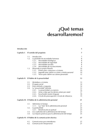 ¿Qué temas
desarrollaremos?
Introducción 5
Capítulo I: El sentido del propósito 7
1.1. Introducción 7
1.2. La pirámide de necesidades humanas 8
1.2.1. Necesidades fisiológicas 8
1.2.2. Necesidades de seguridad 8
1.2.3. Necesidades sociales 8
1.2.4. Necesidades de reconocimiento 9
1.3. Desarrolle su propia filosofía 10
1.3.1. Primer paso: conocerse a sí mismo 10
1.3.2. Segundo paso: definir su visión y misión personal 10
1.3.3. Tercer paso: definir sus valores personales 12
Capítulo II: El hábito de la proactividad 13
2.1. Mirándose a sí mismo 13
2.2. El espejo social 14
2.3. Entre estímulo y respuesta 14
2.4. La “proactividad” definida 15
2.4.1. La proactividad y su esencia 16
2.4.2. Actúe o deje que los demás actúen por usted 17
2.4.3. Escuchando nuestro lenguaje 18
2.4.4. Círculo de preocupación / círculo de influencia 19
Capítulo III: El hábito de la administración personal 21
3.1. Administrar el tiempo 21
3.1.1. Las “olas” de la administración personal 21
3.2. La puntualidad 22
3.2.1. Beneficios de ser puntual 23
3.3. Los cuadrantes de la administración del tiempo 23
3.4. Las mejores prácticas para la administración del tiempo 25
Capítulo IV: El hábito de la comunicación efectiva 27
4.1. Comunicarnos para entendernos 27
4.2. Comunicación interpersonal 27
 