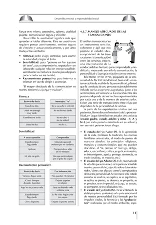 31
Francisco Bustamante T.
4.5.7.MANEjO ADECUADO DE LAS
tRANSACCIONES
El análisis transaccional es
un instrumento sencillo,
coherente y ágil que nos
permite el estudio (des-
composición) de las tran-
sacciones (comunicación)
entre las personas, esto es,
una interpretación de la
conducta del ser humano para comprenderla y mo-
dificarla, mejorando con ello la comunicación, la
personalidad y la propia relación con su entorno.
Eric Berne (1910-1970), psiquiatra de la Uni-
versidad de Mc Gill de Montreal, buscando un sis-
tema rápido de análisis de la personalidad, planteó
que la conducta de una persona está notablemente
influida por las experiencias grabadas, junto a los
sentimientos, en la infancia. La relación entre dos
personas depende de los hechos experimentados
por cada una y de la manera de exteriorizarlos.
Existe una serie de transacciones entre ellas que
dependen de la personalidad de ambas.
A partir de las experiencias vividas con sus
pacientes, Berne desarrolló su teoría de la persona-
lidad, en la que identificó tres estados de conducta
(estado-padre,	estado-adulto	y	niño	–P,	A	y	
N–) que cada persona manifiesta en su actuar y
son como si pertenecieran al ego.
∙ El	estado	del	yo	Padre	(P). Es lo aprendido
de la vida. Contiene la tradición, las normas
familiares ancestrales, el modo de pensar de
nuestros abuelos, los principios religiosos,
morales y convencionales que no pueden
discutirse, el “sí, porque sí” (corrige, obliga,
educa, es cariñoso, critica, es guía, es maestro,
es intransigente, ayuda, protege, sentencia, es
tradicionalista, es modelo, etc.)
∙ El	estado	del	yo	Adulto	(A). Es lo razonado de
la vida (lo que conviene); es la parte racional de
nuestra personalidad, ejercida sobre datos obte-
nidos. Viene a ser algo así como la computadora
de nuestra personalidad. Se reconoce este estado
cuando: se analiza, se explica, se es equitativo,
se opina, se piensa, se observa, se pregunta, se
es previsor, se es imparcial, se juzga, se acepta,
se comparte, se es calculador, etc.
∙ El	estado	del	yo	Niño	(N). Es lo sentido de la
vida (yo quiero, yo siento); es la parte emocional
de nuestra personalidad. Está formado por los
impulsos vitales, la herencia y las “grabacio-
nes” realizadas por el medio ambiente, espe-
fianza en sí mismo, autoestima, aplomo, vitalidad
pujante, comunicación segura y eficiente.
Desarrollar la asertividad significa más que
aprender a hablar diferente. Para ser asertivo se
requiere pensar asertivamente, sentirse seguro
de sí mismo y actuar positivamente, y por tanto
manejar tres atributos:
∙ firmeza: pedir, exigir, controlar, para asumir
la autoridad y lograr el éxito.
∙ Sensibilidad: para “ponerse en los zapatos
del otro”, para comprenderlo, respetarlo y ser
la base de cualquier relación interpersonal (de-
sarrollando la confianza en uno para después
poder confiar en los demás).
∙ Razonamiento persuasivo: para informar u
orientar, en vez de dirigir o aconsejar.
“El mayor obstáculo de la comunicación es
nuestra tendencia a juzgar y evaluar”.
Razonamiento persuasivo
En vez de decir Mensajes “yo”
Usted me dijo Yo le escuché o entendí
Usted me entregó Yo recibí muy tarde
muy tarde
Usted no me avisó Yo no sabía o
no me enteré
Usted no fue No lo vi.
A una expresión Comprender
Usted siempre Entiendo que esté
llega tarde molesto por mi tardanza
Apúrese Comprendo su afán
en 10 minutos
Mi jefe me gritó Veo que está molesto
por el grito de su jefe
En vez de decir Dar información
Vamos a llegar tarde Nos quedan 10 minutos
¡Claro! Siempre Dejaste papeles
dejando desorden en el piso
Aquí no se planea nada Estoy recibiendo todo
a última hora
Usted siempre Le he visto llegar tarde
llega tarde tres veces
Cierra la puerta Dejaste la puerta abierta
Sensibilidad
firmeza
E R
8
Desarrollo personal y responsabilidad social
1.2. LA PIRáMIDE DE NECESIDADES
hUMANAS
Abraham Maslow presentó una forma muy sencilla
de concebir las necesidades de una persona. El
esquema o pirámide de “Jerarquía de las necesi-
dades”, las ordena desde los niveles más bajos y
básicos, hasta los más altos.
Dentro de su teoría de la personalidad, Maslow
plantea el concepto de jerarquía de las necesida-
des, según el cual estas se encuentran organizadas
estructuralmente con distintos grados de poder,
de acuerdo con una determinación biológica
dada por nuestra constitución genética como or-
ganismos de la especie humana. La jerarquía está
organizada de tal forma que las necesidades de
déficit se encuentran en las partes más bajas, mien-
tras que las necesidades de desarrollo se ubican
en las más altas. De este modo, al ordenarlas por
su potencia y prioridad, encontramos en primer
lugar a las necesidades de déficit o fisiológicas.
Siguen las necesidades de seguridad, las de amor
y pertenencia, las de estima, las de desarrollo o
de autorrealización y las de trascendencia. Dentro
de esta estructura, si las necesidades de un nivel
son satisfechas, no se produce un estado de apatía
sino que el foco de atención pasa a ser ocupado
por las necesidades del próximo nivel –que se
encuentran en el lugar inmediatamente más alto
de la jerarquía– y se busca satisfacerlas.
La teoría de Maslow plantea que las necesi-
dades inferiores son prioritarias y, por lo tanto,
más potentes que las necesidades superiores de
la jerarquía. Por ello, “un hombre hambriento no
se preocupa por impresionar a sus amigos con su
valor y habilidades, sino, más bien, por asegu-
rarse lo suficiente para comer” (Di Caprio 1989:
364). Sólo cuando la persona logra satisfacer las
necesidades inferiores –aunque lo haga de modo
relativo–, entran gradualmente en su conocimiento
las necesidades superiores y con ello la motivación
para poder satisfacerlas; a medida que la tendencia
positiva adquiere más importancia, se experimenta
un grado mayor de salud sicológica y un movi-
miento hacia la plena humanización.
1.2.1. NECESIDADES fISIOLógICAS
El ser humano busca por todos los medios a su
alcance garantizar su sobrevivencia. En cuanto a
la satisfacción de las necesidades, la primera prio-
ridad está dada por las necesidades fisiológicas,
asociadas con la supervivencia del organismo,
con el concepto de homeostasis, que se refiere
“a los esfuerzos automáticos del cuerpo por
mantener un estado normal y constante del riego
sanguíneo” (Maslow 1954: 85). Ello se asocia con
necesidades tales como alimentarse y mantener la
temperatura corporal apropiada. El líder deberá
estar consciente de este impulso natural, para
procurar satisfacer las necesidades básicas de sus
seguidores, lo que en el ámbito organizativo se
refleja en un adecuado nivel de salario. En con-
secuencia, nunca deberá pedirles que sacrifiquen
lo fundamental para su sobrevivencia.
1.2.2. NECESIDADES DE SEgURIDAD
Cuando el ser humano logra satisfacer sus necesi-
dades fisiológicas básicas, busca instintivamente la
seguridad que le permita protegerse de los peligros
que lo acechan. Las necesidades de seguridad
muchas veces se expresan mediante el miedo; por
ejemplo, el miedo a lo desconocido, al caos, a la
ambigüedad, a la confusión. Las personas necesitan
sentirse seguras y no sentir temor a perder el manejo
de su vida, a ser vulnerables o débiles frente a las
circunstancias actuales, nuevas o por venir. En el
mundo actual, en el medio laboral, el trabajador
busca seguridad y permanencia en su trabajo; al
verse amenazado de perder su fuente de ingresos,
se apoderan de él la incertidumbre y el miedo,
desgastándolo aceleradamente y, por supuesto,
denigrando la calidad de su trabajo. El líder trans-
formador debe promover de la seguridad ante los
miembros de su grupo, con lo que logrará fuerte
influencia y motivación positiva entre ellos.
1.2.3. NECESIDADES SOCIALES
Los seres humanos, independientemente de nues-
tras condiciones económicas, buscamos en forma
V.
REALIZACIÓN
IV.
RECONOCIMIENTO
III.
SOCIALES
II.
SEGURIDAD
I.
FISIOLÓGICAS
 