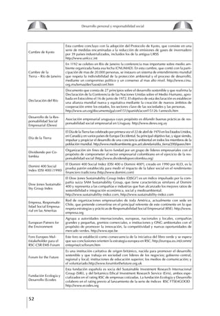 52
Desarrollo personal y responsabilidad social
Cumbre de Kyoto
Esta cumbre concluyo con la adopción del Protocolo de Kyoto, que consiste en una
serie de medidas encaminadas a la reducción de emisiones de gases de invernadero
por 39 países industrializados, incluidos los de la antigua URSS
http://www.unfccc.int
Cumbre de la
Tierra – Río de Janeiro
En 1192 se celebro en Río de Janeiro la conferencia mas importante sobre medio am-
biente organizada hasta esa fecha (CNUMAD). En esta cumbre, que contó con la parti-
cipación de mas de 20.000 personas, se instauro un sistema de entendimiento mundial
que respeta la indivisibilidad de la protección ambiental y el proceso de desarrolló,
mediante un compromiso político y un consenso al mas alto nivel. http://www.cinu.
org.mx/temas/des%sost/conf.htm
Declaración del Río
Documento que consta de 27 principios sobre el desarrollo sostenible y que reafirma la
Declaración de la Conferencia de las Naciones Unidas sobre el Medio Humano, apro-
bada en Estocolmo el 16 de junio de 1972. El objetivo de esta declaración es establecer
una alianza mundial nueva y equitativa mediante la creación de nuevos ámbitos de
cooperación entre los estados, los sectores clave de las sociedades y las personas.
http://www.un.org/documents/ga/conf151/spanish/aconf15126-1annexls.htm
Desarrollo de la Res-
ponsabilidad Social
Empresarial (Deres)
Asociación empresarial uruguaya cuyo propósito es difundir buenas prácticas de res-
ponsabilidad social empresarial en Uruguay. http://www.deres.org.uy
Día de la Tierra
El Día de la Tierra fue celebrado por primera vez el 22 de abril de 1970 en los Estados Unidos,
en Canadá y en varios países de Europa Occidental. Su principal objetivo fue, y sigue siendo,
impulsar y propiciar el desarrollo de una conciencia ambiental en todos los miembros de la
población mundial. http://www.medioambiente.gov.ar/calendario/dia_tierra/200/quees.htm
Dividiendo por Co-
lombia
Organización sin fines de lucro fundad por un grupo de lideres empresariales con el
propósito de comprometer al sector empresarial colombiano en el ejercicio de la res-
ponsabilidad social (http://www.dividendoporcolombia.org)
Domini 400 Social
Index (DSI 400) (1990)
El Domini 400 Social Indez (DSI 400 o Domini 4006
), creado en 1990 por KLD, es la
prueba patrón establecida para medir el impacto de la labor social en el rendimiento
financiero tradiciona (http://www.domini.com)
Dow Jones Sustainabi-
lity Group Index
El Dow Jones Sustainability Group Index (DJSGI7
) es un índice impulsado por la com-
pañía suiza SAM Sustainability Group, que tiene características similares al Domini
400 y representa a las compañías e industrias que han alcanzado los mejores ratios de
sostenibilidad e integración económica, social y medioambiental.
http://www.sustainability-indez.com, http://www.sustainability-indez.com
Empresa, Responsabi-
lidad Social Empresa-
rial en las Ameritas
Red de organizaciones empresariales de toda América, actualmente con sede en
Chile, que pretende convertirse en el principal referente de este continente en lo que
respeta estrategias y prácticas de Responsabilidad Social Empresarial (RSE). http://www.
empresa.org
European Patners for
the Environment
Agrupa a autoridades internacionales, europeas, nacionales y locales, compañías
grandes y pequeñas, gremios comerciales, e instituciones y ONG ambientales con el
propósito de promover la innovación, la competitividad y nuevas oportunidades de
mercado verdes. http://www.epe.be
Foro Europeo Mul-
tistakeholder para el
RSC-CSR EMS Forum
Este foro se estableció como consecuencia de la iniciativa del libro verde y se espera
que sus conclusiones orienten la estrategia europea en RSC. http://europa.eu.int/comm/
enteprise/csr/forum.htm
Forum for the Future
Es una institución caritativa de origen británico, nacida para promover el desarrollo
sostenible y que trabaja en sociedad con líderes de los negocios; gobierno central,
regional y local; instituciones de educación superior; los medios de comunicación; y
el voluntariado.http://www.forumforthefuture.org.uk
Fundación Ecología y
Desarrollo (Ecodes
Esta fundación española es socia del Sustainable Investment Research Internacional
Group (SiRi), y del britamico Ethcal Investment Research Service (Eiris), ambos espe-
cializados en el rating RSC de empresas cotizadas. La fundación Ecología y Desarrollo
colaboro en el rating previo al lanzamiento de la serie de índices RSC FTSE4GOOD
http://www.ecodes.org
8
Desarrollo personal y responsabilidad social
1.2. LA PIRáMIDE DE NECESIDADES
hUMANAS
Abraham Maslow presentó una forma muy sencilla
de concebir las necesidades de una persona. El
esquema o pirámide de “Jerarquía de las necesi-
dades”, las ordena desde los niveles más bajos y
básicos, hasta los más altos.
Dentro de su teoría de la personalidad, Maslow
plantea el concepto de jerarquía de las necesida-
des, según el cual estas se encuentran organizadas
estructuralmente con distintos grados de poder,
de acuerdo con una determinación biológica
dada por nuestra constitución genética como or-
ganismos de la especie humana. La jerarquía está
organizada de tal forma que las necesidades de
déficit se encuentran en las partes más bajas, mien-
tras que las necesidades de desarrollo se ubican
en las más altas. De este modo, al ordenarlas por
su potencia y prioridad, encontramos en primer
lugar a las necesidades de déficit o fisiológicas.
Siguen las necesidades de seguridad, las de amor
y pertenencia, las de estima, las de desarrollo o
de autorrealización y las de trascendencia. Dentro
de esta estructura, si las necesidades de un nivel
son satisfechas, no se produce un estado de apatía
sino que el foco de atención pasa a ser ocupado
por las necesidades del próximo nivel –que se
encuentran en el lugar inmediatamente más alto
de la jerarquía– y se busca satisfacerlas.
La teoría de Maslow plantea que las necesi-
dades inferiores son prioritarias y, por lo tanto,
más potentes que las necesidades superiores de
la jerarquía. Por ello, “un hombre hambriento no
se preocupa por impresionar a sus amigos con su
valor y habilidades, sino, más bien, por asegu-
rarse lo suficiente para comer” (Di Caprio 1989:
364). Sólo cuando la persona logra satisfacer las
necesidades inferiores –aunque lo haga de modo
relativo–, entran gradualmente en su conocimiento
las necesidades superiores y con ello la motivación
para poder satisfacerlas; a medida que la tendencia
positiva adquiere más importancia, se experimenta
un grado mayor de salud sicológica y un movi-
miento hacia la plena humanización.
1.2.1. NECESIDADES fISIOLógICAS
El ser humano busca por todos los medios a su
alcance garantizar su sobrevivencia. En cuanto a
la satisfacción de las necesidades, la primera prio-
ridad está dada por las necesidades fisiológicas,
asociadas con la supervivencia del organismo,
con el concepto de homeostasis, que se refiere
“a los esfuerzos automáticos del cuerpo por
mantener un estado normal y constante del riego
sanguíneo” (Maslow 1954: 85). Ello se asocia con
necesidades tales como alimentarse y mantener la
temperatura corporal apropiada. El líder deberá
estar consciente de este impulso natural, para
procurar satisfacer las necesidades básicas de sus
seguidores, lo que en el ámbito organizativo se
refleja en un adecuado nivel de salario. En con-
secuencia, nunca deberá pedirles que sacrifiquen
lo fundamental para su sobrevivencia.
1.2.2. NECESIDADES DE SEgURIDAD
Cuando el ser humano logra satisfacer sus necesi-
dades fisiológicas básicas, busca instintivamente la
seguridad que le permita protegerse de los peligros
que lo acechan. Las necesidades de seguridad
muchas veces se expresan mediante el miedo; por
ejemplo, el miedo a lo desconocido, al caos, a la
ambigüedad, a la confusión. Las personas necesitan
sentirse seguras y no sentir temor a perder el manejo
de su vida, a ser vulnerables o débiles frente a las
circunstancias actuales, nuevas o por venir. En el
mundo actual, en el medio laboral, el trabajador
busca seguridad y permanencia en su trabajo; al
verse amenazado de perder su fuente de ingresos,
se apoderan de él la incertidumbre y el miedo,
desgastándolo aceleradamente y, por supuesto,
denigrando la calidad de su trabajo. El líder trans-
formador debe promover de la seguridad ante los
miembros de su grupo, con lo que logrará fuerte
influencia y motivación positiva entre ellos.
1.2.3. NECESIDADES SOCIALES
Los seres humanos, independientemente de nues-
tras condiciones económicas, buscamos en forma
V.
REALIZACIÓN
IV.
RECONOCIMIENTO
III.
SOCIALES
II.
SEGURIDAD
I.
FISIOLÓGICAS
 