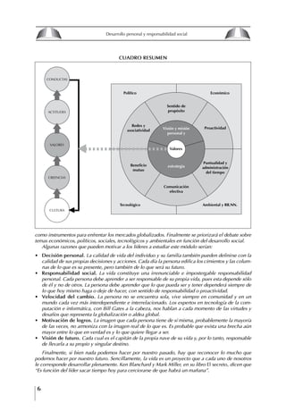 6
Desarrollo personal y responsabilidad social
como instrumentos para enfrentar los mercados globalizados. Finalmente se priorizará el debate sobre
temas económicos, políticos, sociales, tecnológicos y ambientales en función del desarrollo social.
Algunas razones que pueden motivar a los líderes a estudiar este módulo serían:
∙ Decisión personal. La calidad de vida del individuo y su familia también pueden definirse con la
calidad de sus propias decisiones y acciones. Cada día la persona edifica los cimientos y las colum-
nas de lo que es su presente, pero también de lo que será su futuro.
∙ Responsabilidad social. La vida constituye una irrenunciable e impostergable responsabilidad
personal. Cada persona debe aprender a ser responsable de su propia vida, pues esta depende sólo
de él y no de otros. La persona debe aprender que lo que pueda ser y tener dependerá siempre de
lo que hoy mismo haga o deje de hacer, con sentido de responsabilidad o proactividad.
∙ Velocidad del cambio. La persona no se encuentra sola, vive siempre en comunidad y en un
mundo cada vez más interdependiente e interrelacionado. Los expertos en tecnología de la com-
putación e informática, con Bill Gates a la cabeza, nos hablan a cada momento de las virtudes y
desafíos que representa la globalización o aldea global.
∙ Motivación de logros. La imagen que cada persona tiene de sí misma, probablemente la mayoría
de las veces, no armoniza con la imagen real de lo que es. Es probable que exista una brecha aún
mayor entre lo que en verdad es y lo que quiere llegar a ser.
∙ Visión de futuro. Cada cual es el capitán de la propia nave de su vida y, por lo tanto, responsable
de llevarla a su propio y singular destino.
Finalmente, si bien nada podemos hacer por nuestro pasado, hay que reconocer lo mucho que
podemos hacer por nuestro futuro. Sencillamente, la vida es un proyecto que a cada uno de nosotros
le corresponde desarrollar plenamente. Ken Blanchard y Mark Miller, en su libro El secreto, dicen que
“Es función del líder sacar tiempo hoy para cerciorarse de que habrá un mañana”.
CUADRO RESUMEN
CONDUCTAS
ACTITUDES
VALORES
CREENCIAS
CULTURA
Político
Redes y
asociatividad
Beneficio
mutuo
Tecnológico
Económico
Ambiental y RR.NN.
Sentido de
propósito
Comunicación
efectiva
Proactividad
Puntualidad y
administración
del tiempo
Valores
Visión y misión
personal y
estrategia
8
Desarrollo personal y responsabilidad social
1.2. LA PIRáMIDE DE NECESIDADES
hUMANAS
Abraham Maslow presentó una forma muy sencilla
de concebir las necesidades de una persona. El
esquema o pirámide de “Jerarquía de las necesi-
dades”, las ordena desde los niveles más bajos y
básicos, hasta los más altos.
Dentro de su teoría de la personalidad, Maslow
plantea el concepto de jerarquía de las necesida-
des, según el cual estas se encuentran organizadas
estructuralmente con distintos grados de poder,
de acuerdo con una determinación biológica
dada por nuestra constitución genética como or-
ganismos de la especie humana. La jerarquía está
organizada de tal forma que las necesidades de
déficit se encuentran en las partes más bajas, mien-
tras que las necesidades de desarrollo se ubican
en las más altas. De este modo, al ordenarlas por
su potencia y prioridad, encontramos en primer
lugar a las necesidades de déficit o fisiológicas.
Siguen las necesidades de seguridad, las de amor
y pertenencia, las de estima, las de desarrollo o
de autorrealización y las de trascendencia. Dentro
de esta estructura, si las necesidades de un nivel
son satisfechas, no se produce un estado de apatía
sino que el foco de atención pasa a ser ocupado
por las necesidades del próximo nivel –que se
encuentran en el lugar inmediatamente más alto
de la jerarquía– y se busca satisfacerlas.
La teoría de Maslow plantea que las necesi-
dades inferiores son prioritarias y, por lo tanto,
más potentes que las necesidades superiores de
la jerarquía. Por ello, “un hombre hambriento no
se preocupa por impresionar a sus amigos con su
valor y habilidades, sino, más bien, por asegu-
rarse lo suficiente para comer” (Di Caprio 1989:
364). Sólo cuando la persona logra satisfacer las
necesidades inferiores –aunque lo haga de modo
relativo–, entran gradualmente en su conocimiento
las necesidades superiores y con ello la motivación
para poder satisfacerlas; a medida que la tendencia
positiva adquiere más importancia, se experimenta
un grado mayor de salud sicológica y un movi-
miento hacia la plena humanización.
1.2.1. NECESIDADES fISIOLógICAS
El ser humano busca por todos los medios a su
alcance garantizar su sobrevivencia. En cuanto a
la satisfacción de las necesidades, la primera prio-
ridad está dada por las necesidades fisiológicas,
asociadas con la supervivencia del organismo,
con el concepto de homeostasis, que se refiere
“a los esfuerzos automáticos del cuerpo por
mantener un estado normal y constante del riego
sanguíneo” (Maslow 1954: 85). Ello se asocia con
necesidades tales como alimentarse y mantener la
temperatura corporal apropiada. El líder deberá
estar consciente de este impulso natural, para
procurar satisfacer las necesidades básicas de sus
seguidores, lo que en el ámbito organizativo se
refleja en un adecuado nivel de salario. En con-
secuencia, nunca deberá pedirles que sacrifiquen
lo fundamental para su sobrevivencia.
1.2.2. NECESIDADES DE SEgURIDAD
Cuando el ser humano logra satisfacer sus necesi-
dades fisiológicas básicas, busca instintivamente la
seguridad que le permita protegerse de los peligros
que lo acechan. Las necesidades de seguridad
muchas veces se expresan mediante el miedo; por
ejemplo, el miedo a lo desconocido, al caos, a la
ambigüedad, a la confusión. Las personas necesitan
sentirse seguras y no sentir temor a perder el manejo
de su vida, a ser vulnerables o débiles frente a las
circunstancias actuales, nuevas o por venir. En el
mundo actual, en el medio laboral, el trabajador
busca seguridad y permanencia en su trabajo; al
verse amenazado de perder su fuente de ingresos,
se apoderan de él la incertidumbre y el miedo,
desgastándolo aceleradamente y, por supuesto,
denigrando la calidad de su trabajo. El líder trans-
formador debe promover de la seguridad ante los
miembros de su grupo, con lo que logrará fuerte
influencia y motivación positiva entre ellos.
1.2.3. NECESIDADES SOCIALES
Los seres humanos, independientemente de nues-
tras condiciones económicas, buscamos en forma
V.
REALIZACIÓN
IV.
RECONOCIMIENTO
III.
SOCIALES
II.
SEGURIDAD
I.
FISIOLÓGICAS
 
