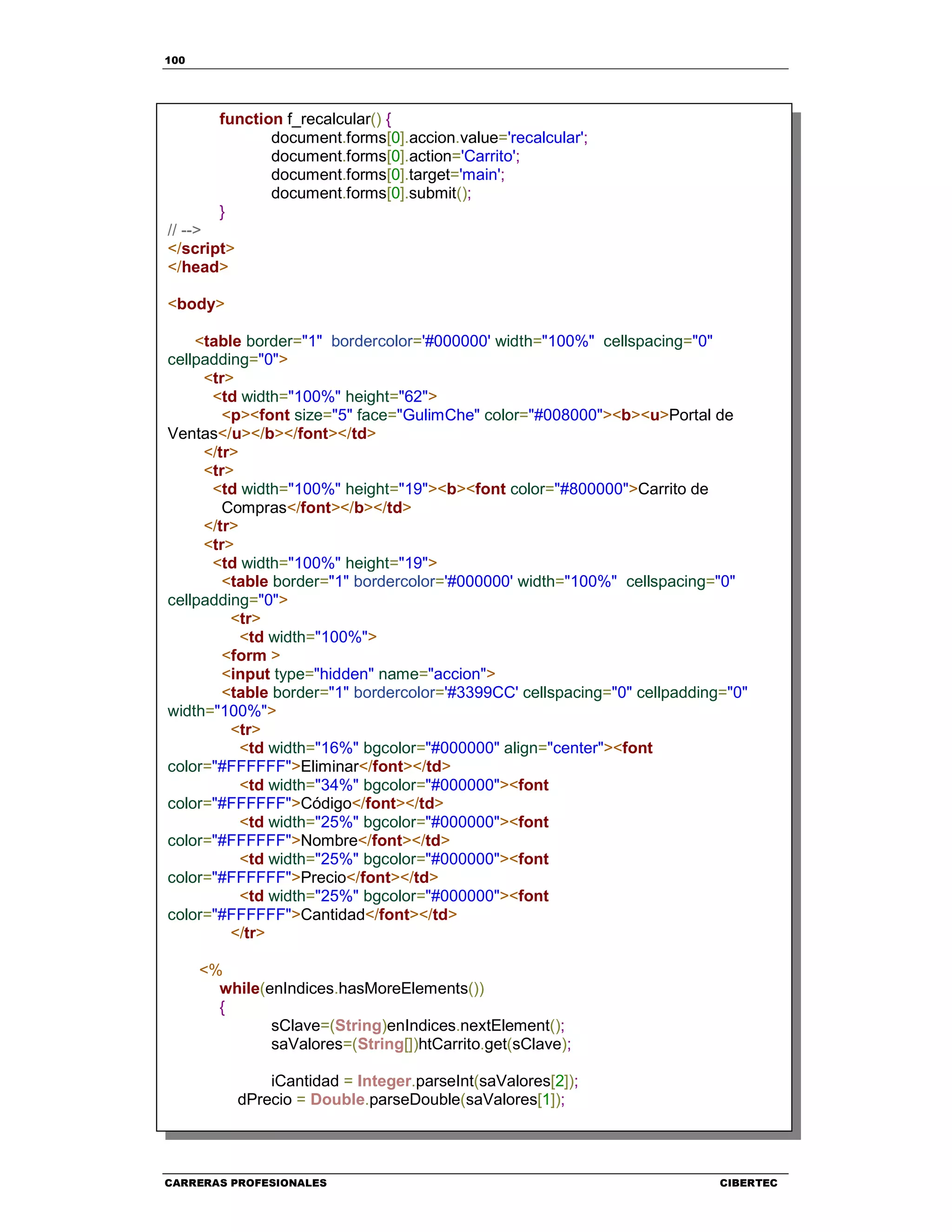 100
CARRERAS PROFESIONALES CIBERTEC
function f_recalcular() {
document.forms[0].accion.value='recalcular';
document.forms[0].action='Carrito';
document.forms[0].target='main';
document.forms[0].submit();
}
// -->
</script>
</head>
<body>
<table border="1" bordercolor='#000000' width="100%" cellspacing="0"
cellpadding="0">
<tr>
<td width="100%" height="62">
<p><font size="5" face="GulimChe" color="#008000"><b><u>Portal de
Ventas</u></b></font></td>
</tr>
<tr>
<td width="100%" height="19"><b><font color="#800000">Carrito de
Compras</font></b></td>
</tr>
<tr>
<td width="100%" height="19">
<table border="1" bordercolor='#000000' width="100%" cellspacing="0"
cellpadding="0">
<tr>
<td width="100%">
<form >
<input type="hidden" name="accion">
<table border="1" bordercolor='#3399CC' cellspacing="0" cellpadding="0"
width="100%">
<tr>
<td width="16%" bgcolor="#000000" align="center"><font
color="#FFFFFF">Eliminar</font></td>
<td width="34%" bgcolor="#000000"><font
color="#FFFFFF">Código</font></td>
<td width="25%" bgcolor="#000000"><font
color="#FFFFFF">Nombre</font></td>
<td width="25%" bgcolor="#000000"><font
color="#FFFFFF">Precio</font></td>
<td width="25%" bgcolor="#000000"><font
color="#FFFFFF">Cantidad</font></td>
</tr>
<%
while(enIndices.hasMoreElements())
{
sClave=(String)enIndices.nextElement();
saValores=(String[])htCarrito.get(sClave);
iCantidad = Integer.parseInt(saValores[2]);
dPrecio = Double.parseDouble(saValores[1]);
 