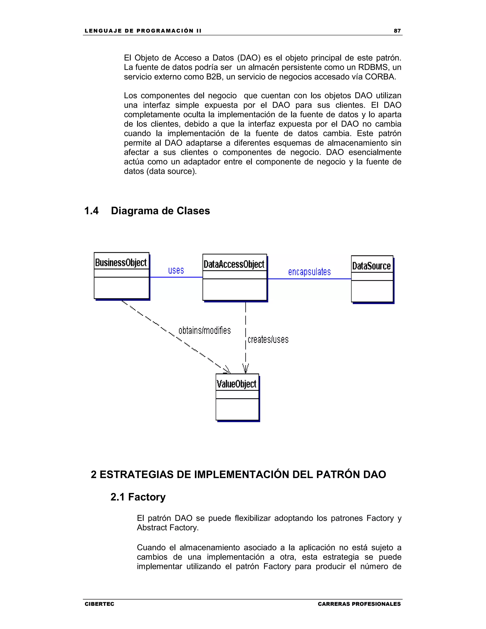 LEN GU A JE D E PR O GR A MA C IÓN II 87
CIBERTEC CARRERAS PROFESIONALES
El Objeto de Acceso a Datos (DAO) es el objeto principal de este patrón.
La fuente de datos podría ser un almacén persistente como un RDBMS, un
servicio externo como B2B, un servicio de negocios accesado vía CORBA.
Los componentes del negocio que cuentan con los objetos DAO utilizan
una interfaz simple expuesta por el DAO para sus clientes. El DAO
completamente oculta la implementación de la fuente de datos y lo aparta
de los clientes, debido a que la interfaz expuesta por el DAO no cambia
cuando la implementación de la fuente de datos cambia. Este patrón
permite al DAO adaptarse a diferentes esquemas de almacenamiento sin
afectar a sus clientes o componentes de negocio. DAO esencialmente
actúa como un adaptador entre el componente de negocio y la fuente de
datos (data source).
1.4 Diagrama de Clases
2 ESTRATEGIAS DE IMPLEMENTACIÓN DEL PATRÓN DAO
2.1 Factory
El patrón DAO se puede flexibilizar adoptando los patrones Factory y
Abstract Factory.
Cuando el almacenamiento asociado a la aplicación no está sujeto a
cambios de una implementación a otra, esta estrategia se puede
implementar utilizando el patrón Factory para producir el número de
 