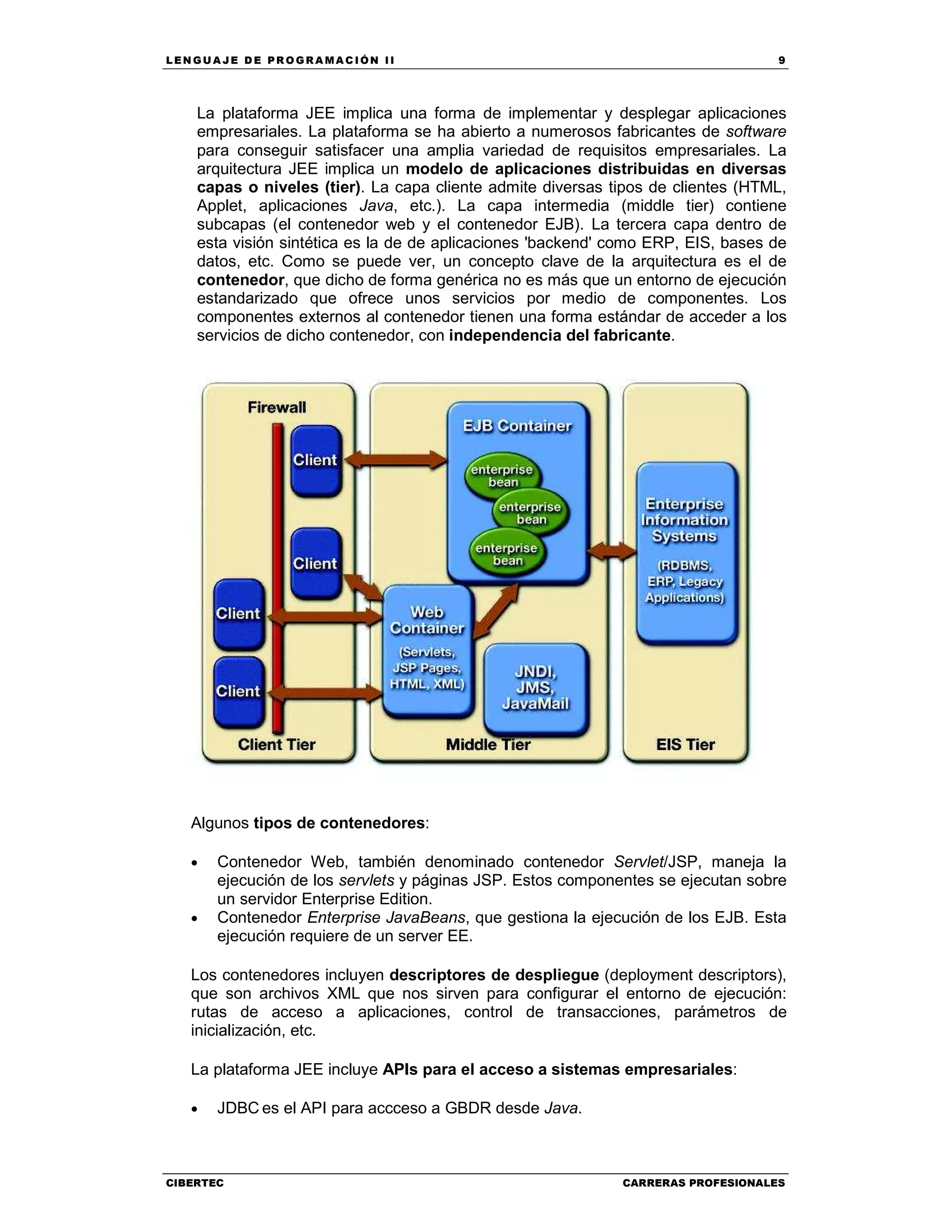 LEN GU A JE D E PR O GR A MA C IÓN II 9
CIBERTEC CARRERAS PROFESIONALES
La plataforma JEE implica una forma de implementar y desplegar aplicaciones
empresariales. La plataforma se ha abierto a numerosos fabricantes de software
para conseguir satisfacer una amplia variedad de requisitos empresariales. La
arquitectura JEE implica un modelo de aplicaciones distribuidas en diversas
capas o niveles (tier). La capa cliente admite diversas tipos de clientes (HTML,
Applet, aplicaciones Java, etc.). La capa intermedia (middle tier) contiene
subcapas (el contenedor web y el contenedor EJB). La tercera capa dentro de
esta visión sintética es la de de aplicaciones 'backend' como ERP, EIS, bases de
datos, etc. Como se puede ver, un concepto clave de la arquitectura es el de
contenedor, que dicho de forma genérica no es más que un entorno de ejecución
estandarizado que ofrece unos servicios por medio de componentes. Los
componentes externos al contenedor tienen una forma estándar de acceder a los
servicios de dicho contenedor, con independencia del fabricante.
Algunos tipos de contenedores:
• Contenedor Web, también denominado contenedor Servlet/JSP, maneja la
ejecución de los servlets y páginas JSP. Estos componentes se ejecutan sobre
un servidor Enterprise Edition.
• Contenedor Enterprise JavaBeans, que gestiona la ejecución de los EJB. Esta
ejecución requiere de un server EE.
Los contenedores incluyen descriptores de despliegue (deployment descriptors),
que son archivos XML que nos sirven para configurar el entorno de ejecución:
rutas de acceso a aplicaciones, control de transacciones, parámetros de
inicialización, etc.
La plataforma JEE incluye APIs para el acceso a sistemas empresariales:
• JDBC es el API para accceso a GBDR desde Java.
 