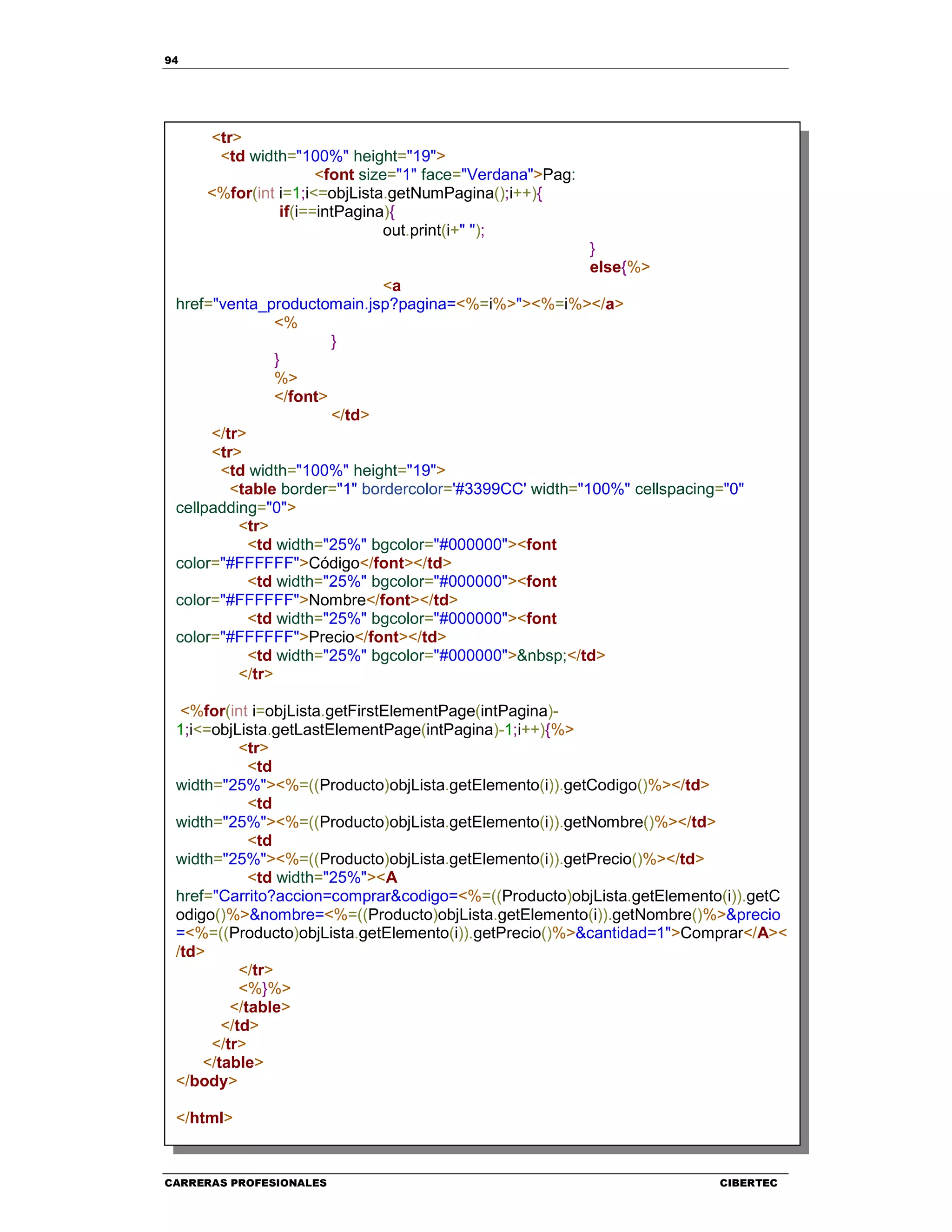 94
CARRERAS PROFESIONALES CIBERTEC
<tr>
<td width="100%" height="19">
<font size="1" face="Verdana">Pag:
<%for(int i=1;i<=objLista.getNumPagina();i++){
if(i==intPagina){
out.print(i+" ");
}
else{%>
<a
href="venta_productomain.jsp?pagina=<%=i%>"><%=i%></a>
<%
}
}
%>
</font>
</td>
</tr>
<tr>
<td width="100%" height="19">
<table border="1" bordercolor='#3399CC' width="100%" cellspacing="0"
cellpadding="0">
<tr>
<td width="25%" bgcolor="#000000"><font
color="#FFFFFF">Código</font></td>
<td width="25%" bgcolor="#000000"><font
color="#FFFFFF">Nombre</font></td>
<td width="25%" bgcolor="#000000"><font
color="#FFFFFF">Precio</font></td>
<td width="25%" bgcolor="#000000">&nbsp;</td>
</tr>
<%for(int i=objLista.getFirstElementPage(intPagina)-
1;i<=objLista.getLastElementPage(intPagina)-1;i++){%>
<tr>
<td
width="25%"><%=((Producto)objLista.getElemento(i)).getCodigo()%></td>
<td
width="25%"><%=((Producto)objLista.getElemento(i)).getNombre()%></td>
<td
width="25%"><%=((Producto)objLista.getElemento(i)).getPrecio()%></td>
<td width="25%"><A
href="Carrito?accion=comprar&codigo=<%=((Producto)objLista.getElemento(i)).getC
odigo()%>&nombre=<%=((Producto)objLista.getElemento(i)).getNombre()%>&precio
=<%=((Producto)objLista.getElemento(i)).getPrecio()%>&cantidad=1">Comprar</A><
/td>
</tr>
<%}%>
</table>
</td>
</tr>
</table>
</body>
</html>
 