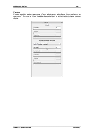 FOTOGRAFIA DIGITAL 131
CARRERAS PROFESIONALES CIBERTEC
Efectos:
En esta sección, podemos agregar viñetas a la imagen, además de “texturizarla con un
granulado”. Aunque la viñeta funciona bastante bien, la texturización todavía es muy
digital.
 