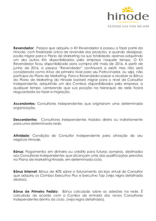 Revendedor: Pessoa que adquiriu o Kit Revendedor e passou a fazer parte da
Hinode, com finalidade única de revender dos produtos, e quando desejasse,
podia migrar para o Plano de Marketing na sua totalidade, apenas adquirindo
um dos outros Kits disponibilizados pela empresa naquele tempo. O Kit
Revendedor ficou disponibilizado para compra até maio de 2016. A partir de
junho de 2016, a pessoa “Revendedor” continuará a existir mas não será
considerada como Ativo de primeiro nível para seu Patrocinador, ou seja, não
participa do Plano de Marketing. Para o Revendedor passar a receber os Bônus
do Plano de Marketing da Hinode bastará migrar para o nível de Consultor
Independente, adquirindo um dos Combos disponibilizados pela empresa, a
qualquer tempo. Lembrando que sua posição na hierarquia da rede ficará
resguardada ao fazer a migração.
Ascendentes: Consultores Independentes que originaram uma determinada
organização.
Descendentes: Consultores Independentes trazidos direta ou indiretamente
para uma determinada rede.
Atividade: Condição do Consultor Independente para ativação do seu
negócio Hinode.
Bônus: Pagamentos em dinheiro ou crédito para futuras compras, destinados
aos Consultores Independentes que alcançam uma das qualificações previstas
no Plano de Marketing Hinode, em determinado ciclo.
Bônus Internet: Bônus de 40% sobre o faturamento da loja virtual do Consultor
que adquiriu os Combos Executivo Plus e Executivo Top (veja regra detalhada
abaixo).
Bônus de Primeiro Pedido: Bônus calculado sobre as adesões na rede. É
calculado de acordo com o Combo de entrada dos novos Consultores
Independentes dentro do ciclo. (veja regra detalhada).
 