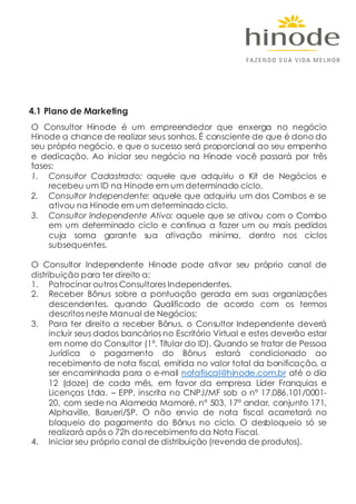 4.1 Plano de Marketing
O Consultor Hinode é um empreendedor que enxerga no negócio
Hinode a chance de realizar seus sonhos. É consciente de que é dono do
seu próprio negócio, e que o sucesso será proporcional ao seu empenho
e dedicação. Ao iniciar seu negócio na Hinode você passará por três
fases:
1. Consultor Cadastrado: aquele que adquiriu o Kit de Negócios e
recebeu um ID na Hinode em um determinado ciclo.
2. Consultor Independente: aquele que adquiriu um dos Combos e se
ativou na Hinode em um determinado ciclo.
3. Consultor Independente Ativo: aquele que se ativou com o Combo
em um determinado ciclo e continua a fazer um ou mais pedidos
cuja soma garante sua ativação mínima, dentro nos ciclos
subsequentes.
O Consultor Independente Hinode pode ativar seu próprio canal de
distribuição para ter direito a:
1. Patrocinar outros Consultores Independentes.
2. Receber Bônus sobre a pontuação gerada em suas organizações
descendentes, quando Qualificado de acordo com os termos
descritos neste Manual de Negócios;
3. Para ter direito a receber Bônus, o Consultor Independente deverá
incluir seus dados bancários no Escritório Virtual e estes deverão estar
em nome do Consultor (1º. Titular do ID). Quando se tratar de Pessoa
Jurídica o pagamento do Bônus estará condicionado ao
recebimento de nota fiscal, emitida no valor total da bonificação, a
ser encaminhada para o e-mail notafiscal@hinode.com.br até o dia
12 (doze) de cada mês, em favor da empresa Líder Franquias e
Licenças Ltda. – EPP, inscrita no CNPJ/MF sob o nº 17.086.101/0001-
20, com sede na Alameda Mamoré, nº 503, 17º andar, conjunto 171,
Alphaville, Barueri/SP. O não envio de nota fiscal acarretará no
bloqueio do pagamento do Bônus no ciclo. O desbloqueio só se
realizará após o 72h do recebimento da Nota Fiscal.
4. Iniciar seu próprio canal de distribuição (revenda de produtos).
 