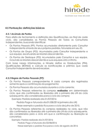 4.5 Pontuação: definições básicas
4.5.1 Acúmulo de Pontos
Para efeito de fechamento e definição das Qualificações, ao final de cada
ciclo, são consolidados os Pontos Pessoais de todos os Consultores
Independentes, buscando identificar:
• Os Pontos Pessoais (PP): Pontos acumulados diretamente pelo Consultor
Independente através de seus próprios pedidos, faturados em seu ID.
• Os Pontos de Grupo (PG): Acumulados pelo Consultor Independente e
sua equipe, excetuando-se Masters descendentes.
• Os Pontos de Destaque (PD): Acumulados pelo Consultor e sua equipe,
incluindo os Masters descendentes e suas equipes até o infinito.
Com base nessas informações, a Hinode define as Graduações (PIN),
Qualificações (BÔNUS) e calcula as bonificações e prêmios que cada
Consultor Independente deverá receber.
4.5.2 Regras de Pontos Pessoais (PP):
• Os Pontos Pessoais correspondentes À cada compra são registrados
somente após a confirmação do pagamento;
• Os Pontos Pessoais são acumulados durante o ciclo corrente;
• Os Pontos Pessoais referentes às compras realizadas em determinado
ciclo, que são confirmadas ou liberadas até o primeiro dia útil do ciclo
subsequente, são considerados para o ciclo da compra;
Exemplo: Pedido realizado dia 31/07/2016
Pedido Pago e faturado dia 01/08/2016 (primeiro dia útil)
Nesse exemplo o pedido fica para o ciclo de julho de 2015.
• Os Pontos Pessoais referentes às compras realizadas no ciclo, que não
são confirmadas ou liberadas até o primeiro dia útil do ciclo subsequente,
são considerados para o ciclo em que a confirmação ou liberação se
concretiza;
Exemplo: Pedido realizado dia 31/07/2016
Pedido Pago e faturado dia 02/08/2016
Nesse exemplo o pedido fica para o ciclo de agosto de 2016
 