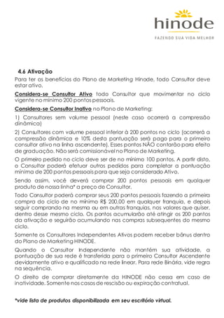 4.6 Ativação
Para ter os benefícios do Plano de Marketing Hinode, todo Consultor deve
estar ativo.
Considera-se Consultor Ativo todo Consultor que movimentar no ciclo
vigente no mínimo 200 pontos pessoais.
Considera-se Consultor Inativo no Plano de Marketing:
1) Consultores sem volume pessoal (neste caso ocorrerá a compressão
dinâmica)
2) Consultores com volume pessoal inferior à 200 pontos no ciclo (ocorrerá a
compressão dinâmica e 10% desta pontuação será pago para o primeiro
consultor ativo na linha ascendente). Esses pontos NÃO contarão para efeito
de graduação. Não será comissionável no Plano de Marketing.
O primeiro pedido no ciclo deve ser de no mínimo 100 pontos. A partir disto,
o Consultor poderá efetuar outros pedidos para completar a pontuação
mínima de 200 pontos pessoais para que seja considerado Ativo.
Sendo assim, você deverá comprar 200 pontos pessoais em qualquer
produto de nossa linha* a preço de Consultor.
Todo Consultor poderá comprar seus 200 pontos pessoais fazendo a primeira
compra do ciclo de no mínimo R$ 200,00 em qualquer franquia, e depois
seguir comprando na mesma ou em outras franquias, nos valores que quiser,
dentro desse mesmo ciclo. Os pontos acumularão até atingir os 200 pontos
da ativação e seguirão acumulando nas compras subsequentes do mesmo
ciclo.
Somente os Consultores Independentes Ativos podem receber bônus dentro
do Plano de Marketing HINODE.
Quando o Consultor Independente não mantém sua atividade, a
pontuação de sua rede é transferida para o primeiro Consultor Ascendente
devidamente ativo e qualificado na rede linear. Para rede Binária, vide regra
na sequência.
O direito de comprar diretamente da HINODE não cessa em caso de
inatividade. Somente nos casos de rescisão ou expiração contratual.
*vide lista de produtos disponibilizada em seu escritório virtual.
 