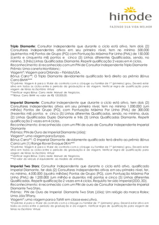 Triplo Diamante: Consultor Independente que durante o ciclo está ativo, tem dois (2)
Consultores Independentes ativos em seu primeiro nível, tem no mínimo 500.000
(quinhentos mil) Pontos de Grupo (PG) com Pontuação Máxima Por Linha (PML) de 150.000
(cento e cinquenta mil) pontos e cinco (5) Linhas diferentes Qualificadas, sendo, no
mínimo, 3 (três)Linhas Qualificadas Diamante.Repetir qualificação 2 vezes em4 ciclos.
Reconhecimento:é reconhecido comumPIN de Consultor Independente Triplo Diamante
Prêmio:Uma canetaMontblanc;
Viagem*: Viagem paraOrlando – Flórida/USA.
Bônus Carro**: O Triplo Diamante devidamente qualificado terá direito ao prêmio Bônus
Carro BMW***
*O prêmio Viagem é para o titular do contrato com o cônjuge ou familiar de 1º (primeiro) grau. Deverá estar
ativo em todos os ciclos entre o período da graduação e da viagem. Verificar regra de qualificação para
viagem de férias no Escritório Virtual
**Verificar regra Bônus Carro neste Manual de Negócios.
***Bônus Carro BMW no valor de R$ 120.000,00.
Imperial Diamante: Consultor Independente que durante o ciclo está ativo, tem dois (2)
Consultores Independentes ativos em seu primeiro nível, tem no mínimo 1.000.000 (um
milhão) Pontos de Grupo (PG), com Pontuação Máxima Por Linha (PML) de 300.000
(trezentos mil) pontos e cinco (5) Linhas diferentes Qualificadas, sendo, no mínimo, duas
(2) Linhas Qualificadas Duplo Diamante e três (3) Linhas Qualificadas Diamante. Repetir
qualificação 2 vezes em4 ciclos.
Reconhecimento: é reconhecido com um PIN de ouro de Consultor Independente Imperial
Diamante
Prêmios:PIN de Ouro de Imperial Diamante (Jóia);
Viagem*: uma viagemparaEuropa.
Bônus Carro**: O Imperial Diamante devidamente qualificado terá direito ao prêmio Bônus
Carro:um (1) Range Rover Evoque 0Km***
*O prêmio Viagem é para o titular do contrato com o cônjuge ou familiar de 1º (primeiro) grau. Deverá estar
ativo em todos os ciclos entre o período da graduação e da viagem. Verificar regra de qualificação para
viagem de férias no Escritório Virtual
**Verificar regra Bônus Carro neste Manual de Negócios.
***O valor do veículo é equivalente ao modelo de entrada.
Imperial Two Stars: Consultor Independente que durante o ciclo está ativo, qualificado
Imperial Diamante, ter dois (2) Consultores Independentes ativos em seu primeiro nível, ter,
no mínimo, 4.000.000 (quatro milhões) Pontos de Grupo (PG), com Pontuação Máxima Por
Linha (PML) de 1.200.000 (um milhão e duzentos mil) pontos e cinco (5) Linhas diferentes
Qualificadas. Repetir qualificação 2 vezes em4 ciclos.Requisito ter sido Imperial(2DD,3D).
Reconhecimento: é reconhecido com um PIN de ouro de Consultor Independente Imperial
Diamante Two Stars.
Prêmio: PIN de Ouro de Imperial Diamante Two Stars (Jóia); Um relógio da marca Rolex;
Uma JóiaTiffany.
Viagem*: uma viagemparao Tahiti em classe executiva.
*O prêmio é para o titular do contrato com o cônjuge ou familiar de 1º (primeiro) grau. Deverá estar ativo em
todos os ciclos entre o período da graduação e da viagem. Verificar regra de qualificação para viagem de
férias no Escritório Virtual.
 