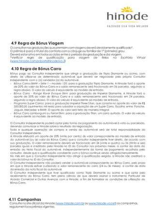 4.9 Regra de Bônus Viagem
O consultor nas graduações que premiam com viagens deverádevidamente qualificado*.
O prêmio é para o titular do contrato com o cônjuge ou familiar de 1º (primeiro) grau.
Deverá estar ativo em todos os ciclos entre o período da graduação e da viagem.
*Verificar regra de qualificação para viagem de férias no Escritório Virtual
(www.hinode.com.br/portalhinode/vo-2)
4.10 Regra de Bônus Carro
Bônus pago ao Consultor Independente que atingir a graduação de Triplo Diamante ou acima, com
direito de utilizar-se de determinado automóvel que deverá ser negociado pelo próprio Consultor
Independente com o (a) vendedor (a) do automóvel.
- Bônus Carros BMW – Série 1 – modelo 120: para a graduação Triplo Diamante. A Hinode fará o aporte
de 20% do valor do Bônus Carro e o saldo remanescente será fracionado em 36 parcelas, seguindo a
regra abaixo. O valor do veículo é equivalente ao modelo de entrada.
- Bônus Carro - Range Rover Evoque 0km: para graduação de Imperial Diamante. A Hinode fará o
aporte de 20% do valor do Bônus Carro e o saldo remanescente será fracionado em 24 parcelas,
seguindo a regra abaixo. O valor do veículo é equivalente ao modelo de entrada.
- Programa Super Carros: para a graduação Imperial Three Stars, que consiste no aporte do valor de R$
500.000,00 (quinhentos mil reais) para subsidiar a aquisição de um Super Carro. Escolha entre: Porsche,
Jaguar, Mercedez e BMW. O aporte do valor será feito de maneira integral.
- Bônus Carro Lamborguini ou Ferrari 0km: para a graduação Titan, um carro quitado. O valor do veículo
é equivalente ao modelo de entrada.
O Consultor Independente poderá optar pela forma de pagamento do automóvel à vista ou parcelada,
devendo comunicar a Hinode sobreo resultado da negociação.
Toda e qualquer operação de compra e venda do automóvel será de total responsabilidade do
Consultor Independente.
A Hinode efetuará um aporte de 20% (vinte por cento) do valor correspondente ao modelo de entrada
do automóvel (ou ao valor do Bônus Carro) que o consultor independente tiver direito, de acordo com
sua graduação. O valor remanescente deverá ser fracionado em 24 (vinte e quatro) ou 36 (trinta e seis)
parcelas iguais e creditado pela Hinode no ID do Consultor nos próximos meses, a contar da data da
emissão da Nota Fiscal do automóvel, independentemente da forma de pagamento escolhida pelo
consultor, desde que a qualificação condizente com o bônus continue sendo atingida mensalmente.
No mês em que o Consultor Independente não atingir a qualificação exigida, a Hinode não creditará o
valor do bônus no ID do Consultor.
O Consultor Independente não poderá vender o automóvel correspondente ao Bônus Carro, pelo prazo
em que a Hinode estiver custeando o valor remanescente do carro (24 ou 36 meses), a contar da data
da emissão da nota fiscal do automóvel.
O Consultor Independente que tiver qualificado como Triplo Diamante ou acima e que optar pelo
recebimento do Bônus Carro, tem plena ciência de que deverá assinar o Instrumento Particular de
Acordo Comercial e Outras Avenças com a Hinode, a fim de formalizar as condições de utilização do
Bônus Carro.
4.11 Campanhas
Consulte no site oficial da Hinode (www.hinode.com.br ou www.hinode-vo.net) as campanhas,
regulamentos e prêmios vigentes.
 