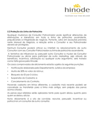 5.2 Proteção da Linha de Patrocínio
Qualquer mudança de Consultor Patrocinador pode significar alterações de
efetivações e benefícios em toda a linha de patrocínio ascendente,
prejudicando a integridade do negócio. Portanto, salvo em exceções previstas
neste Manual do Negócio, a relação entre o Consultor e seu Patrocinador
deverá ser protegida.
Nenhum Consultor poderá criticar ou interferir no relacionamento de outro
Consultor com seu Consultor Patrocinador ou linha de patrocínio ascendente.
A tentativa de influenciar ou persuadir outro Consultor a mudar de Consultor
Patrocinador ou aliciar para participar de outro marketing, seja através de
benefícios, incentivos, solicitação ou qualquer outro argumento, será tratado
como falta grave pela Hinode:
Os casos comprovados de aliciamento estarão sujeitos às seguintes punições:
• Notificação elaborada pelo Departamento Jurídico da empresa;
• Multa de 30% no valor do bônus;
• Bloqueio do ID por 3 ciclos;
• Suspensão do Cadastro; e
• Cancelamento do Contrato.
Havendo cadastro em linhas diferentes, o cadastro mais recente poderá ser
cancelado ou transferido para a linha mais antiga, sem prejuízo das penas
acima citadas.
As penas aqui referidas serão aplicadas tanto para quem aliciou quanto para
quem se deixou aliciar.
Nota: Aliciamento é o ato de convidar, recrutar, persuadir, incentivar ou
patrocinar um consultor de outro consultor.
 