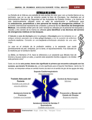 [MANUAL DE PRIMEROS AUXILIOS/SOPORTÉ VITAL BÁSICO] 2.016
9 Instructor Hugo Jose Ma. Vargas Cruz
ESTRELLA DE LA VIDA
La Estrella de la Vida es una estrella de seis puntas de color azul, con un borde blanco en su
perímetro, que en su eje de simetría posee la Vara de Esculapio, fue diseñada por el
Administración Nacional de Seguridad en las Autopistas de Estados Unidos, y la misma ha
sido tradicionalmente utilizada como un sello de autenticación o certificación para
las ambulancias, paramédicos u otro personal de manejo de emergencias médicas. En
el ámbito internacional representa las unidades y personal de los Servicios de Emergencias
Médicas. Una estrella similar pero de color naranja es utilizada por el personal de búsqueda y
rescate y otra versión de la misma es utilizada para identificar a los técnicos del servicio
de emergencias médicas en los bosques.
El báculo o vara de Asclepio para los griegos o Esculapio para los romanos es un
antiguo símbolo asociado con el dios griego Asclepio y con la curación de enfermos
mediante medicina. Consiste en una serpiente entrelazada alrededor de una vara
larga.
La vara es el símbolo de la profesión médica, y la serpiente, que muda
periódicamente de piel, simboliza, por lo tanto, el rejuvenecimiento. Fue instruido en
la medicina por el centauro Quirón.
La Biblia, en Números 21:9, hace la referencia a un serpiente que Moisés hizo de
bronce y la puso sobre un asta, y cuando esta serpiente mordía a alguien o la miraba
esta persona vivía”.
Cada una de las seis puntas, tienen dos significado la primera que encuentra subrayado son los
sucesos, que duraría 10 minutos c/u, y el otro significado para el Soporte Vital Básico dentro los 10
minutos, se interpretan ambas en sentido horario (es decir en el sentido de giro de las agujas del reloj).
Soporte Cardiorrespiratorio
Detección temprana
Control de Hemorragias
Informar
Prevención y Manejo del
Estado de Choque
Respuesta temprana
Asistencia Inicial de Heridas Y
Quemaduras
Cuidados en la escena
Asistencia Inicial de
Fracturas
Cuidados en el traslado
Traslado Adecuado del
Paciente
Traslado a un centro de
atención definitiva
 