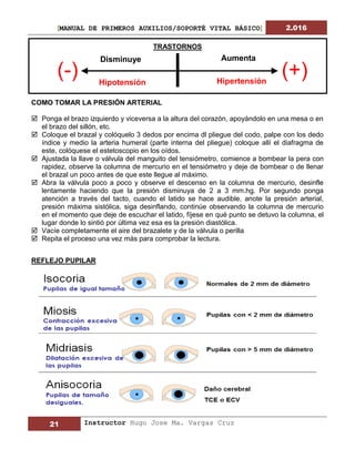 [MANUAL DE PRIMEROS AUXILIOS/SOPORTÉ VITAL BÁSICO] 2.016
21 Instructor Hugo Jose Ma. Vargas Cruz
TRASTORNOS
COMO TOMAR LA PRESIÓN ARTERIAL
 Ponga el brazo izquierdo y viceversa a la altura del corazón, apoyándolo en una mesa o en
el brazo del sillón, etc.
 Coloque el brazal y colóquelo 3 dedos por encima dl pliegue del codo, palpe con los dedo
índice y medio la arteria humeral (parte interna del pliegue) coloque allí el diafragma de
este, colóquese el estetoscopio en los oídos.
 Ajustada la llave o válvula del manguito del tensiómetro, comience a bombear la pera con
rapidez, observe la columna de mercurio en el tensiómetro y deje de bombear o de llenar
el brazal un poco antes de que este llegue al máximo.
 Abra la válvula poco a poco y observe el descenso en la columna de mercurio, desinfle
lentamente haciendo que la presión disminuya de 2 a 3 mm.hg. Por segundo ponga
atención a través del tacto, cuando el latido se hace audible, anote la presión arterial,
presión máxima sistólica, siga desinflando, continúe observando la columna de mercurio
en el momento que deje de escuchar el latido, fíjese en qué punto se detuvo la columna, el
lugar donde lo sintió por última vez esa es la presión diastólica.
 Vacíe completamente el aire del brazalete y de la válvula o perilla
 Repita el proceso una vez más para comprobar la lectura.
REFLEJO PUPILAR
Aumenta
Hipertensión
Disminuye
Hipotensión
(-) (+)
 