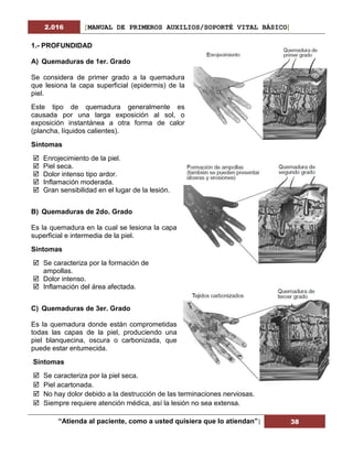 2.016 [MANUAL DE PRIMEROS AUXILIOS/SOPORTÉ VITAL BÁSICO]
“Atienda al paciente, como a usted quisiera que lo atiendan”| 38
1.- PROFUNDIDAD
A) Quemaduras de 1er. Grado
Se considera de primer grado a la quemadura
que lesiona la capa superficial (epidermis) de la
piel.
Este tipo de quemadura generalmente es
causada por una larga exposición al sol, o
exposición instantánea a otra forma de calor
(plancha, líquidos calientes).
Síntomas
 Enrojecimiento de la piel.
 Piel seca.
 Dolor intenso tipo ardor.
 Inflamación moderada.
 Gran sensibilidad en el lugar de la lesión.
B) Quemaduras de 2do. Grado
Es la quemadura en la cual se lesiona la capa
superficial e intermedia de la piel.
Síntomas
 Se caracteriza por la formación de
ampollas.
 Dolor intenso.
 Inflamación del área afectada.
C) Quemaduras de 3er. Grado
Es la quemadura donde están comprometidas
todas las capas de la piel, produciendo una
piel blanquecina, oscura o carbonizada, que
puede estar entumecida.
Síntomas
 Se caracteriza por la piel seca.
 Piel acartonada.
 No hay dolor debido a la destrucción de las terminaciones nerviosas.
 Siempre requiere atención médica, así la lesión no sea extensa.
 