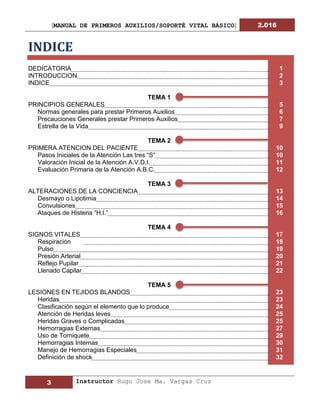 [MANUAL DE PRIMEROS AUXILIOS/SOPORTÉ VITAL BÁSICO] 2.016
3 Instructor Hugo Jose Ma. Vargas Cruz
INDICE
DEDICATORIA 1
INTRODUCCION 2
INDICE 3
TEMA 1
PRINCIPIOS GENERALES 5
Normas generales para prestar Primeros Auxilios 6
Precauciones Generales prestar Primeros Auxilios 7
Estrella de la Vida 9
TEMA 2
PRIMERA ATENCION DEL PACIENTE 10
Pasos Iniciales de la Atención Las tres “S” 10
Valoración Inicial de la Atención A.V.D.I. 11
Evaluación Primaria de la Atención A.B.C. 12
TEMA 3
ALTERACIONES DE LA CONCIENCIA 13
Desmayo o Lipotimia 14
Convulsiones 15
Ataques de Histeria “H.I.” 16
TEMA 4
SIGNOS VITALES 17
Respiración 18
Pulso 19
Presión Arterial 20
Reflejo Pupilar 21
Llenado Capilar 22
TEMA 5
LESIONES EN TEJIDOS BLANDOS 23
Heridas 23
Clasificación según el elemento que lo produce 24
Atención de Heridas leves 25
Heridas Graves o Complicadas 25
Hemorragias Externas 27
Uso de Torniquete 29
Hemorragias Internas 30
Manejo de Hemorragias Especiales 31
Definición de shock 32
V
 
