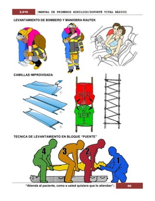 2.016 [MANUAL DE PRIMEROS AUXILIOS/SOPORTÉ VITAL BÁSICO]
“Atienda al paciente, como a usted quisiera que lo atiendan”| 60
LEVANTAMIENTO DE BOMBERO Y MANIOBRA RAUTEK
CAMILLAS IMPROVISADA
TECNICA DE LEVANTAMIENTO EN BLOQUE “PUENTE”
 