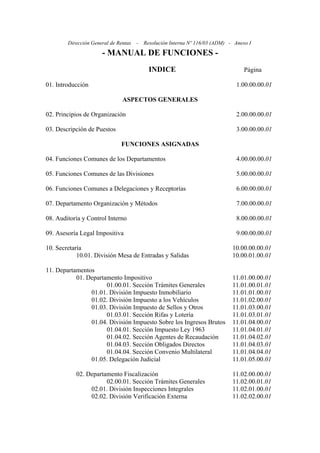 Dirección General de Rentas   -   Resolución Interna Nº 116/03 (ADM) - Anexo I
                      - MANUAL DE FUNCIONES -
                                            INDICE                                 Página

01. Introducción                                                               1.00.00.00.01

                               ASPECTOS GENERALES

02. Principios de Organización                                                 2.00.00.00.01

03. Descripción de Puestos                                                     3.00.00.00.01

                              FUNCIONES ASIGNADAS

04. Funciones Comunes de los Departamentos                                     4.00.00.00.01

05. Funciones Comunes de las Divisiones                                        5.00.00.00.01

06. Funciones Comunes a Delegaciones y Receptorías                             6.00.00.00.01

07. Departamento Organización y Métodos                                        7.00.00.00.01

08. Auditoría y Control Interno                                                8.00.00.00.01

09. Asesoría Legal Impositiva                                                  9.00.00.00.01

10. Secretaría                                                                10.00.00.00.01
            10.01. División Mesa de Entradas y Salidas                        10.00.01.00.01

11. Departamentos
           01. Departamento Impositivo                                        11.01.00.00.01
                      01.00.01. Sección Trámites Generales                    11.01.00.01.01
                01.01. División Impuesto Inmobiliario                         11.01.01.00.01
                01.02. División Impuesto a los Vehículos                      11.01.02.00.01
                01.03. División Impuesto de Sellos y Otros                    11.01.03.00.01
                      01.03.01. Sección Rifas y Lotería                       11.01.03.01.01
                01.04. División Impuesto Sobre los Ingresos Brutos            11.01.04.00.01
                      01.04.01. Sección Impuesto Ley 1963                     11.01.04.01.01
                      01.04.02. Sección Agentes de Recaudación                11.01.04.02.01
                      01.04.03. Sección Obligados Directos                    11.01.04.03.01
                      01.04.04. Sección Convenio Multilateral                 11.01.04.04.01
                01.05. Delegación Judicial                                    11.01.05.00.01

           02. Departamento Fiscalización                                     11.02.00.00.01
                      02.00.01. Sección Trámites Generales                    11.02.00.01.01
                02.01. División Inspecciones Integrales                       11.02.01.00.01
                02.02. División Verificación Externa                          11.02.02.00.01
 