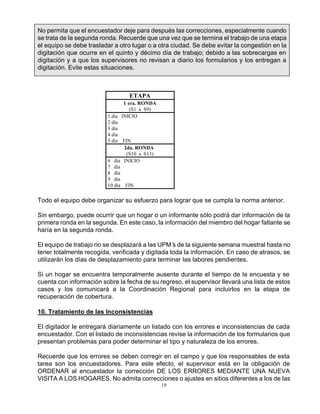 19
ETAPA
1 era. RONDA
(S1 a S9)
1 día INICIO
2 día
3 día
4 día
5 día FIN
2da. RONDA
(S10 a S13)
6 día INICIO
7 día
8 día
9 día
10 día FIN
Todo el equipo debe organizar su esfuerzo para lograr que se cumpla la norma anterior.
Sin embargo, puede ocurrir que un hogar o un informante sólo podrá dar información de la
primera ronda en la segunda. En este caso, la información del miembro del hogar faltante se
haría en la segunda ronda.
El equipo de trabajo no se desplazará a las UPM’s de la siguiente semana muestral hasta no
tener totalmente recogida, verificada y digitada toda la información. En caso de atrasos, se
utilizarán los días de desplazamiento para terminar las labores pendientes.
Si un hogar se encuentra temporalmente ausente durante el tiempo de la encuesta y se
cuenta con información sobre la fecha de su regreso, el supervisor llevará una lista de estos
casos y los comunicará a la Coordinación Regional para incluirlos en la etapa de
recuperación de cobertura.
10. Tratamiento de las Inconsistencias
El digitador le entregará diariamente un listado con los errores e inconsistencias de cada
encuestador. Con el listado de inconsistencias revise la información de los formularios que
presentan problemas para poder determinar el tipo y naturaleza de los errores.
Recuerde que los errores se deben corregir en el campo y que los responsables de esta
tarea son los encuestadores. Para este efecto, el supervisor está en la obligación de
ORDENAR al encuestador la corrección DE LOS ERRORES MEDIANTE UNA NUEVA
VISITA A LOS HOGARES. No admita correcciones o ajustes en sitios diferentes a los de las
No permita que el encuestador deje para después las correcciones, especialmente cuando
se trata de la segunda ronda. Recuerde que una vez que se termina el trabajo de una etapa
el equipo se debe trasladar a otro lugar o a otra ciudad. Se debe evitar la congestión en la
digitación que ocurre en el quinto y décimo día de trabajo; debido a las sobrecargas en
digitación y a que los supervisores no revisan a diario los formularios y los entregan a
digitación. Evite estas situaciones.
 
