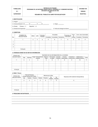 36
REPÚBLICA DE PANAMÁ
PROGRAMA DE LAS NACIONES UNIDAS PARA EL DESARROLLO / GOBIERNO NACIONAL
ENCUESTA DE NIVELES DE VIDA
2003
RESUMEN DEL TRABAJO DE CAMPO POR ENCUESTADOR
FORMULARIO
S-1
SUPERVISOR
INFORME POR
SEMANA
MUESTRAL
1. IDENTIFICACIÓN
b) Semana Muestral: del ______ de __________ al _____ de __________
a) Región: ______________________________________
c) Etapa: _________
d) Ronda: Primera ( ) 1 Segunda ( ) 2
e) Nombre del Supervisor: __________________________________________ f) Fecha de entrega de informe: ______________________________
2. COBERTURA
NOMBRE DEL
ENCUESTADOR
ÁREA UPM
Viviendas
Visitadas
Completas Incompletas Pendientes
Encuestas
Viviendas sin
Información
Form.
de
Precios Completos Pendientes
Form. de la Comunidad
1 2 3 4 5 6 7 8 9 10 11
1
2
3
TOTALES
3. VIVIENDAS DONDE NO SE OBTUVO INFORMACIÓN
CÓDIGO DEL
ENCUESTADOR
Rechazo
1
TOTALES
Hogar Temporalmente
Ausente
Informantes
no aptos
Vivienda
Temporal
Vivienda
Desocupada
Vivienda en
Construcción
Nadie en
Casa
Instituciones o
Establecimientos
OtrasTotal
RAZONES DE NO INFORMACIÓN DE LA VIVIENDA
3 4 6 7 8 95 10 112
4. PESO Y TALLA
CÓDIGO DEL
ENCUESTADOR
Tallados
1
TOTALES
Total
Total de Personas
(incluye menores de 5 años)
32
Pesados
4
PesadosTallados
Menores de 5 años
65
No
Tallados
7
No
Pesados
8
Razones de NO medición Antropométrica
9
5. PROBLEMAS ENCONTRADOS
_________________________________________________________________________________________________________________________________
_________________________________________________________________________________________________________________________________
_________________________________________________________________________________________________________________________________
_________________________________________________________________________________________________________________________________
___________________________________________________________________________________________________
_
No.
 
