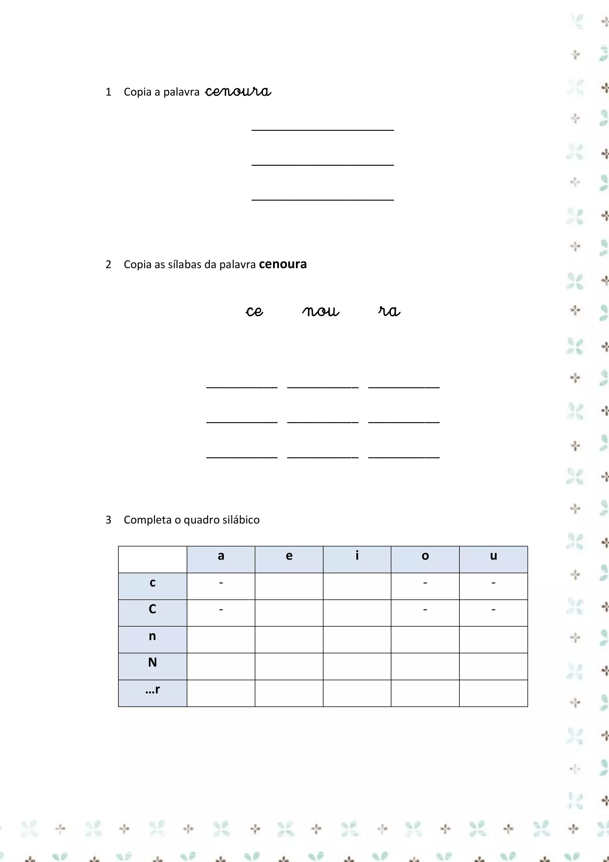 1 Copia a palavra

cenoura
____________________
____________________
____________________

2 Copia as sílabas da palavra cenoura

ce

nou

ra

__________ __________ __________
__________ __________ __________
__________ __________ __________

3 Completa o quadro silábico

a

e

i

o

u

c

-

-

-

C

-

-

-

n
N
…r

 