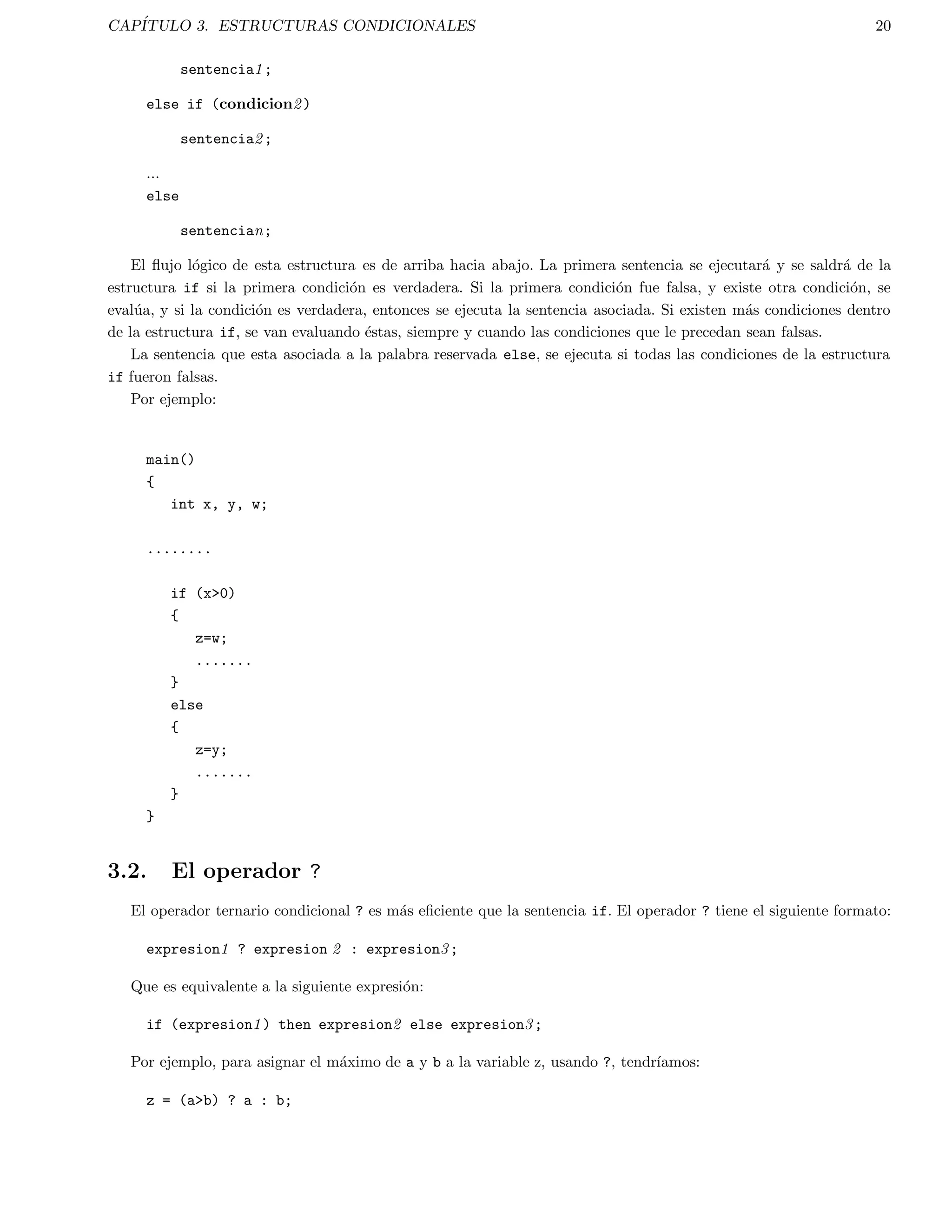 nalida-des. 
Para muchos propositos basicos estas podran ser consideradas como parte de C. Pero pueden variar de maquina 
a maquina. 
Un programador puede tambien desarrollar sus propias funciones de biblioteca e incluso bibliotecas especiales de 
terceros, por ejemplo, NAG o PHIGS. 
Todas las bibliotecas (excepto E/S estandar) requieren ser explcitamente ligadas con la opcion -l y, posiblemente 
con L, como se se~nalo previamente. 
1.9. Ejemplos 
1.9.1. Creacion de una biblioteca estatica 
Si se tiene un conjunto de rutinas que se usen en forma frecuente, se podra desear agruparlas en un conjunto de 
archivos fuente, compilar cada archivo fuente en un archivo objeto, y entonces crear una biblioteca con los archivos 
objeto. Con lo anterior se puede ahorrar tiempo al compilar en aquellos programas donde sean usadas. 
Supongamos que se tiene un conjunto de archivos que contengan rutinas que son usadas frecuentemente, por 
ejemplo un archivo cubo.c: 
float cubo(float x) 
{ 
return (x*x*x); 
} 
y otro archivo factorial.c 
int factorial(int n) 
{ 
int i, res=1; 
for(i=1; i=n; i++) 
res*=i; 
return (res); 
} 
Para los archivos de nuestras funciones tambien se debe tener un archivo de cabezera, para que puedan ser usadas, 
suponiendo que se tiene el siguiente archivo libmm.h con el siguiente contenido: 
extern float cubo(float); 
extern int factorial(int); 
El codigo que use la biblioteca que se esta creando podra ser: 
/* Programa prueba.c */ 
#include libmm.h 
#define VALOR 4 
main() 
 