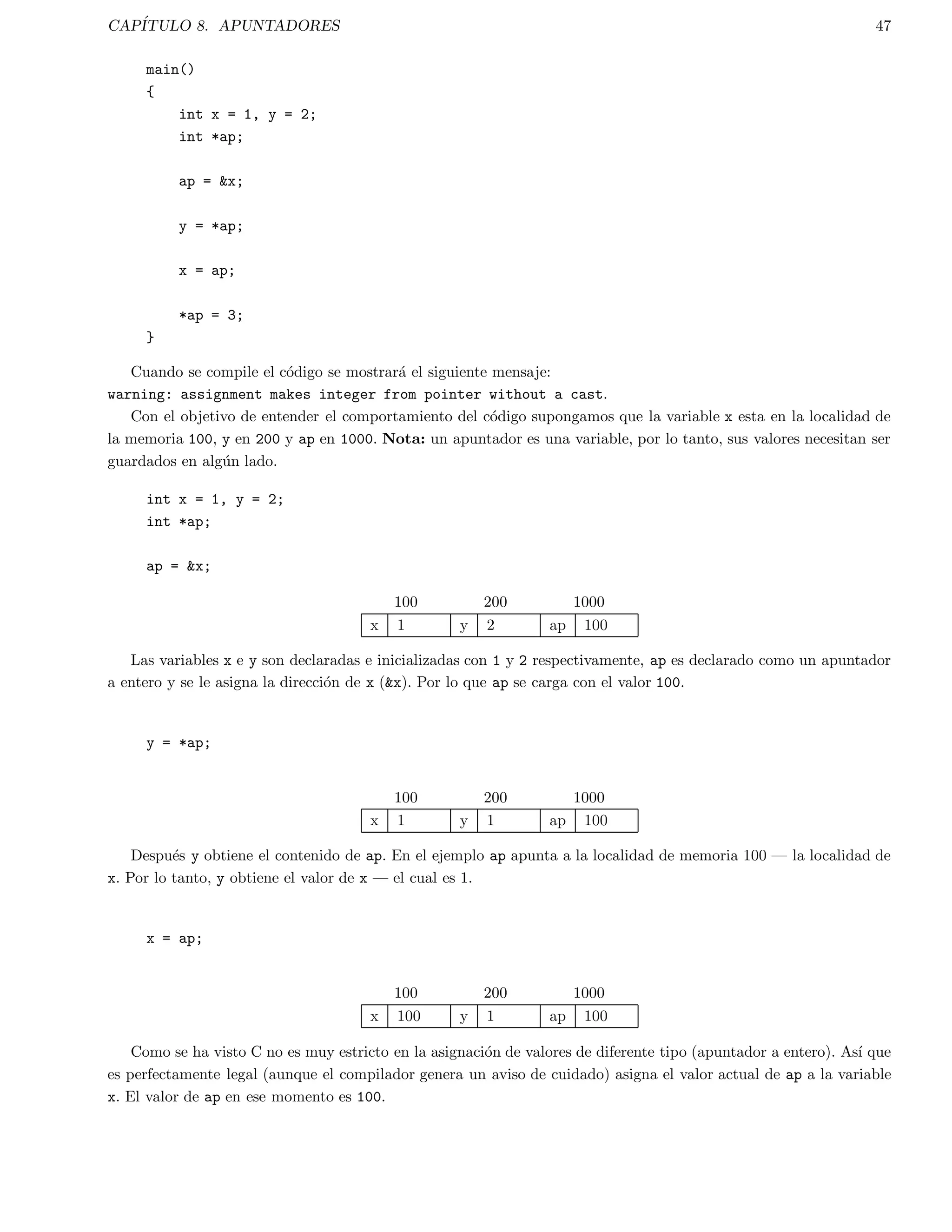 cadores son: signed, 
unsigned, long y short. 
Tipo Tama~no (bytes) Lmite inferior Lmite superior 
char 1 | | 
unsigned char 1 0 255 
short int 2 32768 +32767 
unsigned short int 2 0 65536 
(long) int 4 231 +231  1 

oat 4 3:2  1038 +3:2  1038 
double 8 1:7  10308 +1:7  10308 
Cuadro 2.1: Tipos de C 
 