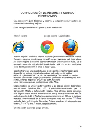 CONFIGURACIÓN DE INTERNET Y CORREO
                   ELECTRONICO
Esta acción sirve para descargar y observar y comparar que navegadores de
internet son más útiles y mejores

Otros navegadores famosos que se pueden instalar son



Internet explore                   Google chrome Mozillafirebox




Internet explore: Windows Internet Explorer (anteriormente Microsoft Internet
Explorer), conocido comúnmente como IE, es un navegador web desarrollado
por Microsoft para el sistema operativo Microsoft Windows desde 1995. Es el
navegador web más utilizado de Internet desde 1999, con un pico máximo de
cuota de utilización del 95% entre el 2002 y 2003.

Google chrome:es un proyecto llevado a cabo por la compañía Google para
desarrollar un sistema operativo basado en web. A través de su blog
oficial, Google anunció el 7 de julio de 2009 Google Chrome OS, un sistema
realizado con base en código (Núcleo Linux) y orientado inicialmente para mini
portátil, estando disponible en junio de 2011. Funciona
sobre microprocesadores con tecnología x86 o ARM.

Mozilla firebox: es un navegador web libre y de código abierto8 desarrollado
para Microsoft Windows, Mac OS X y GNU/Linux coordinado por la
Corporación Mozilla y la Fundación Mozilla. Usa el motor Gecko pararende
rizar páginas webs, el cual implementa actuales y futuros estándares web.9 A
partir de agosto de 2012 Firefox tiene aproximadamente un 23% de la cuota de
mercado, convirtiéndose en el tercer navegador web más usado, 10 1112 con
particular éxito en Indonesia, Alemania y Polonia, donde es el más popular con
un 65%,13 47%14 y 47%15 de uso, respectivamente.

En esta acción usaremos google chrome.




                                                                             50
 
