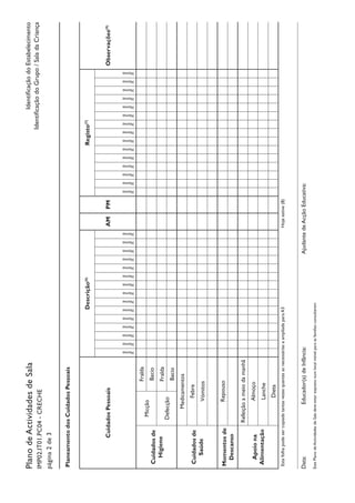 PlanodeActividadesdeSala
IMP02.IT01.PC04-CRECHE
página2de3
IdentificaçãodoEstabelecimento
IdentificaçãodoGrupo/SaladaCriança
PlaneamentodosCuidadosPessoais
CuidadosPessoais
Descrição(6)
AMPM
Registo(7)
Observações(9)
Nome:
Nome:
Nome:
Nome:
Nome:
Nome:
Nome:
Nome:
Nome:
Nome:
Nome:
Nome:
Nome:
Nome:
Nome:
Nome:
Nome:
Nome:
Nome:
Nome:
Nome:
Nome:
Nome:
Nome:
Nome:
Nome:
Nome:
Nome:
Nome:
Nome:
Cuidadosde
Higiene
Micção
Fralda
Bacio
Defecção
Fralda
Bacio
Cuidadosde
Saúde
Medicamentos
Febre
Vómitos
Momentosde
Descanso
Repouso
Apoiona
Alimentação
Refeiçãoameiodamanhã
Almoço
Lanche
Dieta
EstafolhapodesercopiadatantasvezesquantasasnecessáriaseampliadaparaA3Hojeestive(8)
Data:				Educador(a)deInfância:					AjudantedeAcçãoEducativa:
EstePlanodeActividadesdeSaladeveestarexpostonumlocalvisívelparaasfamíliasconsultarem
 